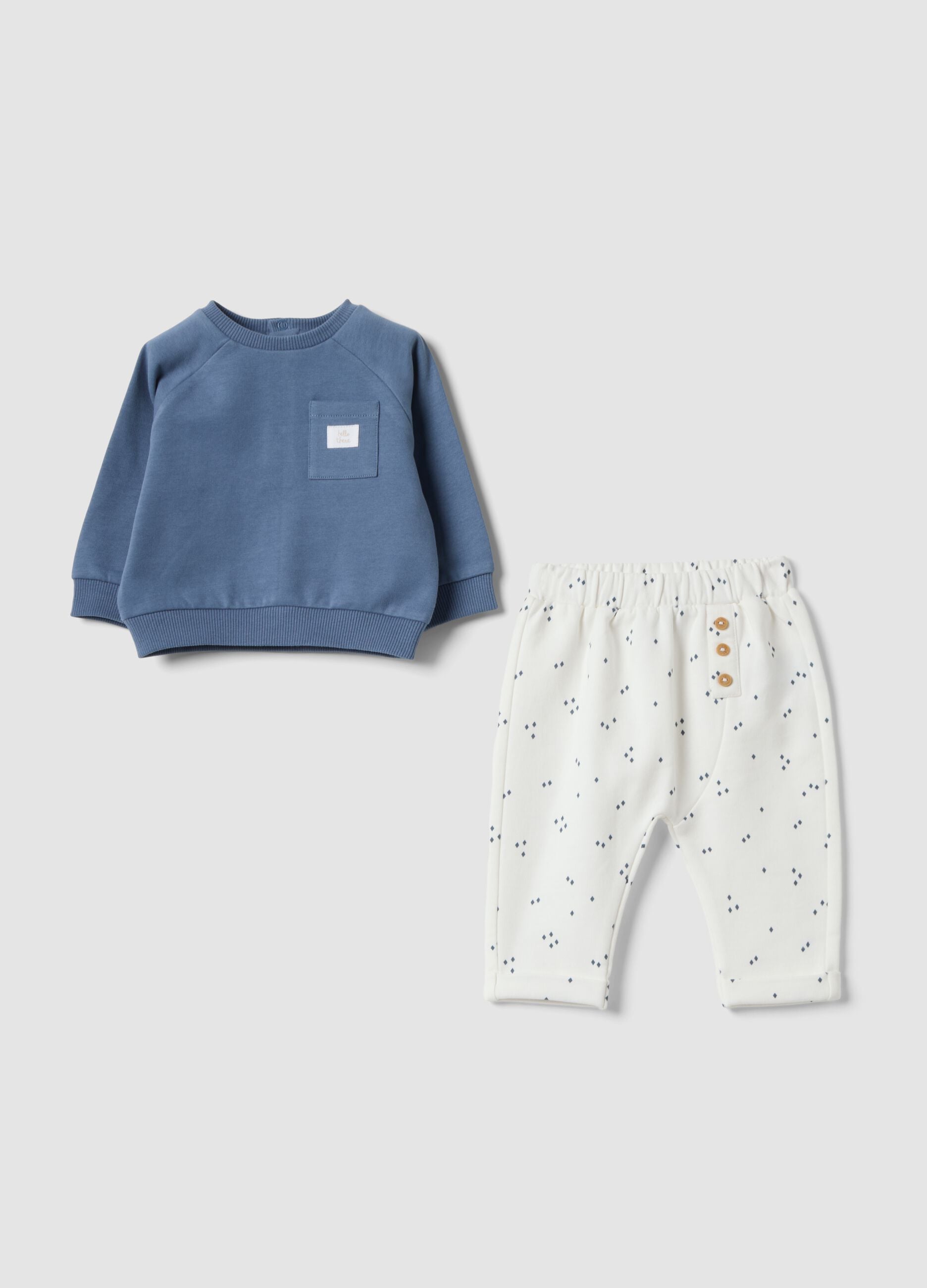 Blue and white pure organic cotton sweatshirt and trousers set