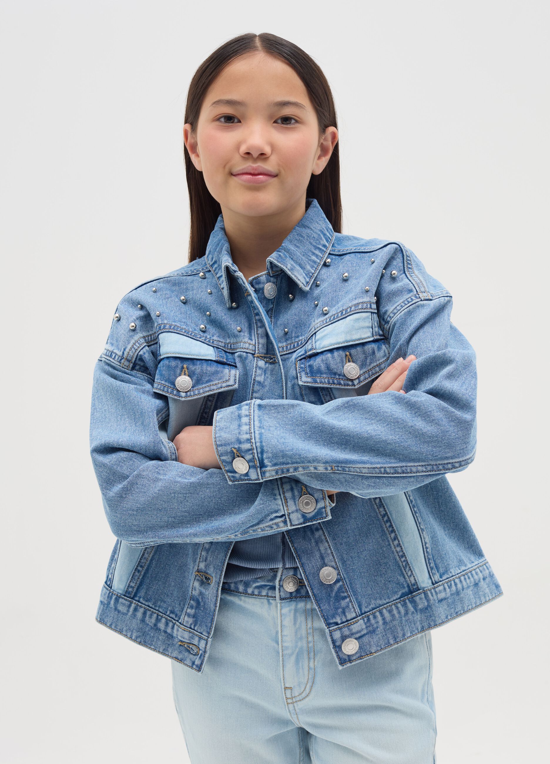 Double wash jacket in denim with beads