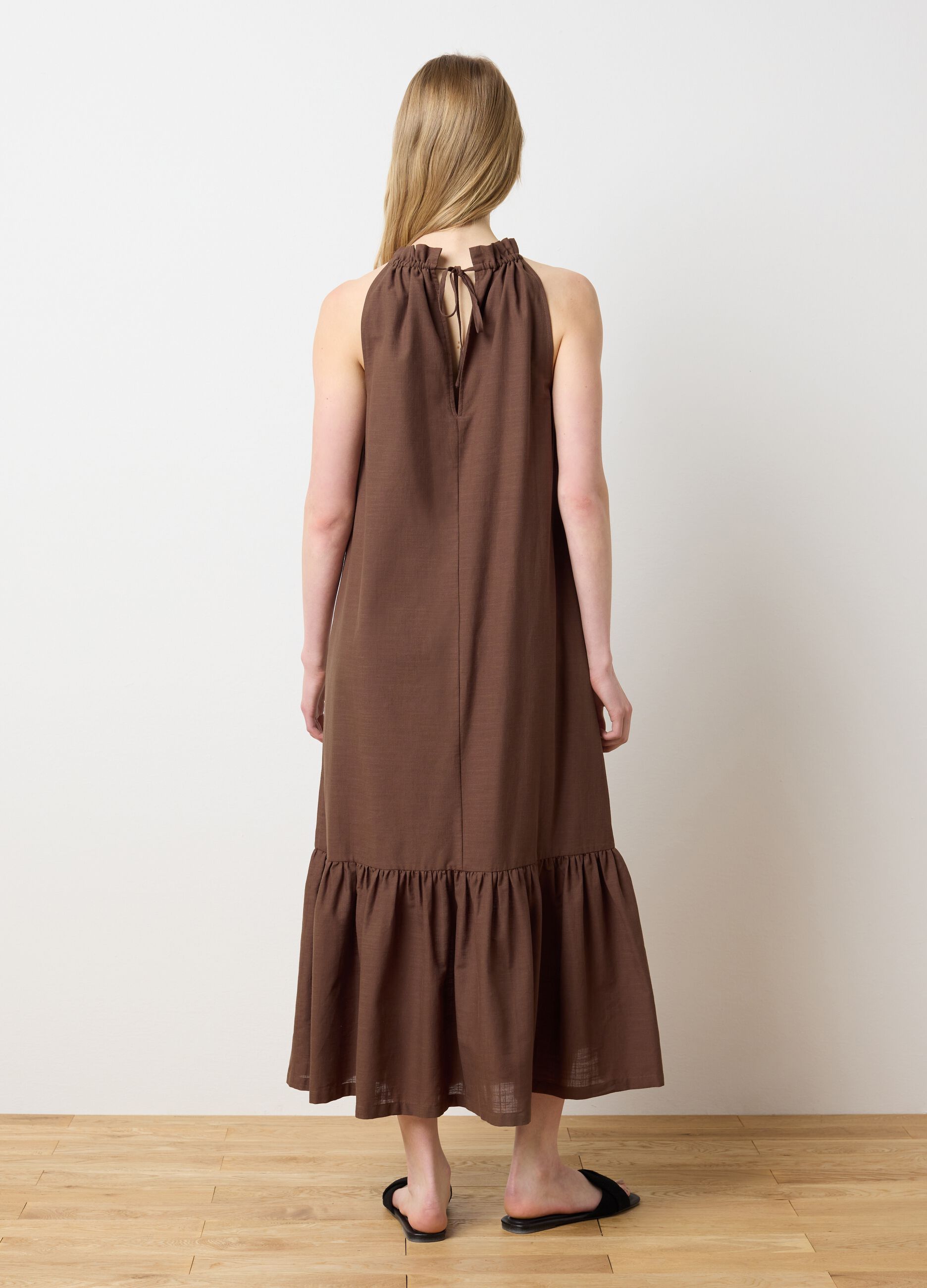 Women's long brown pure cotton oversized dress with ruffles