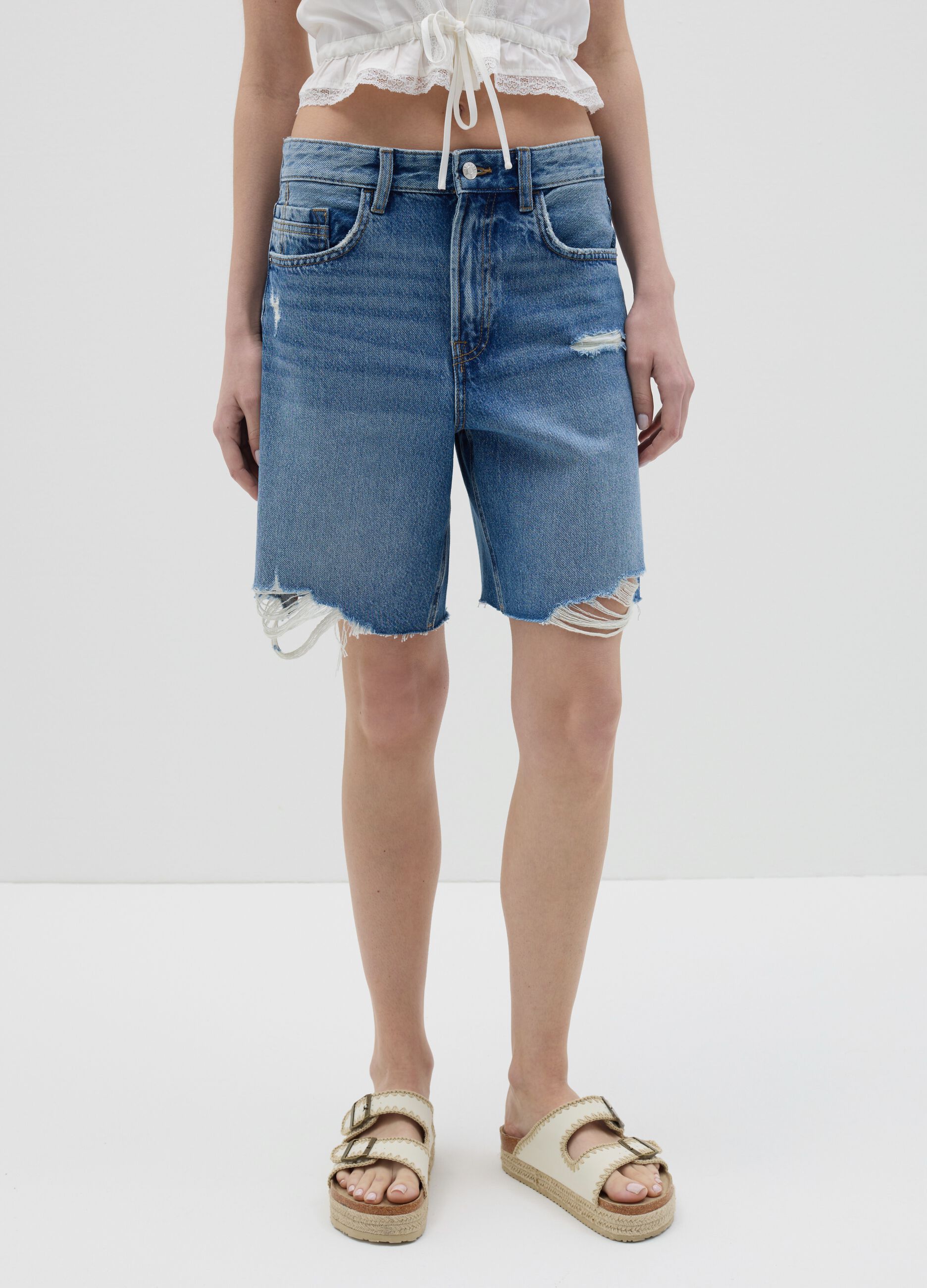 Shorts da donna in puro cotone denim azzurro regular fit