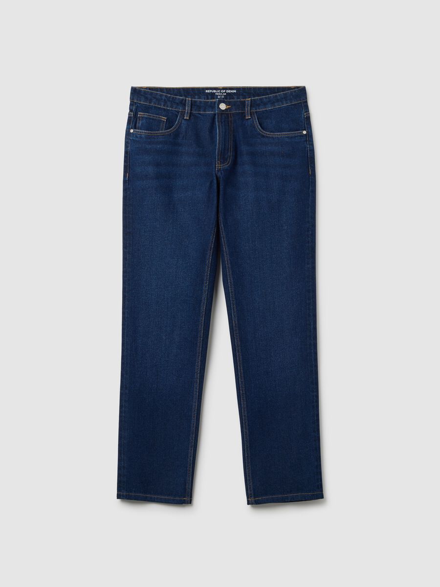 Blue cotton blend regular fit jeans_4