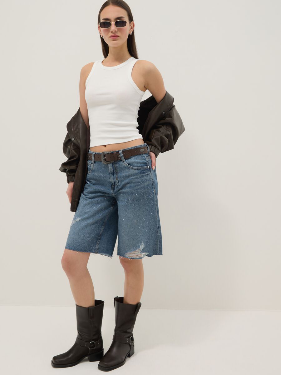 Blue pure cotton denim Bermuda shorts_0