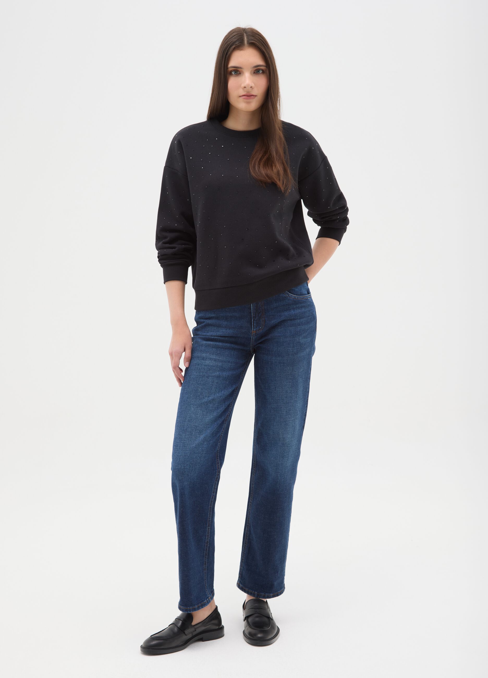 Black crew neck sweatshirt in cotton blend regular fit with rhinestones