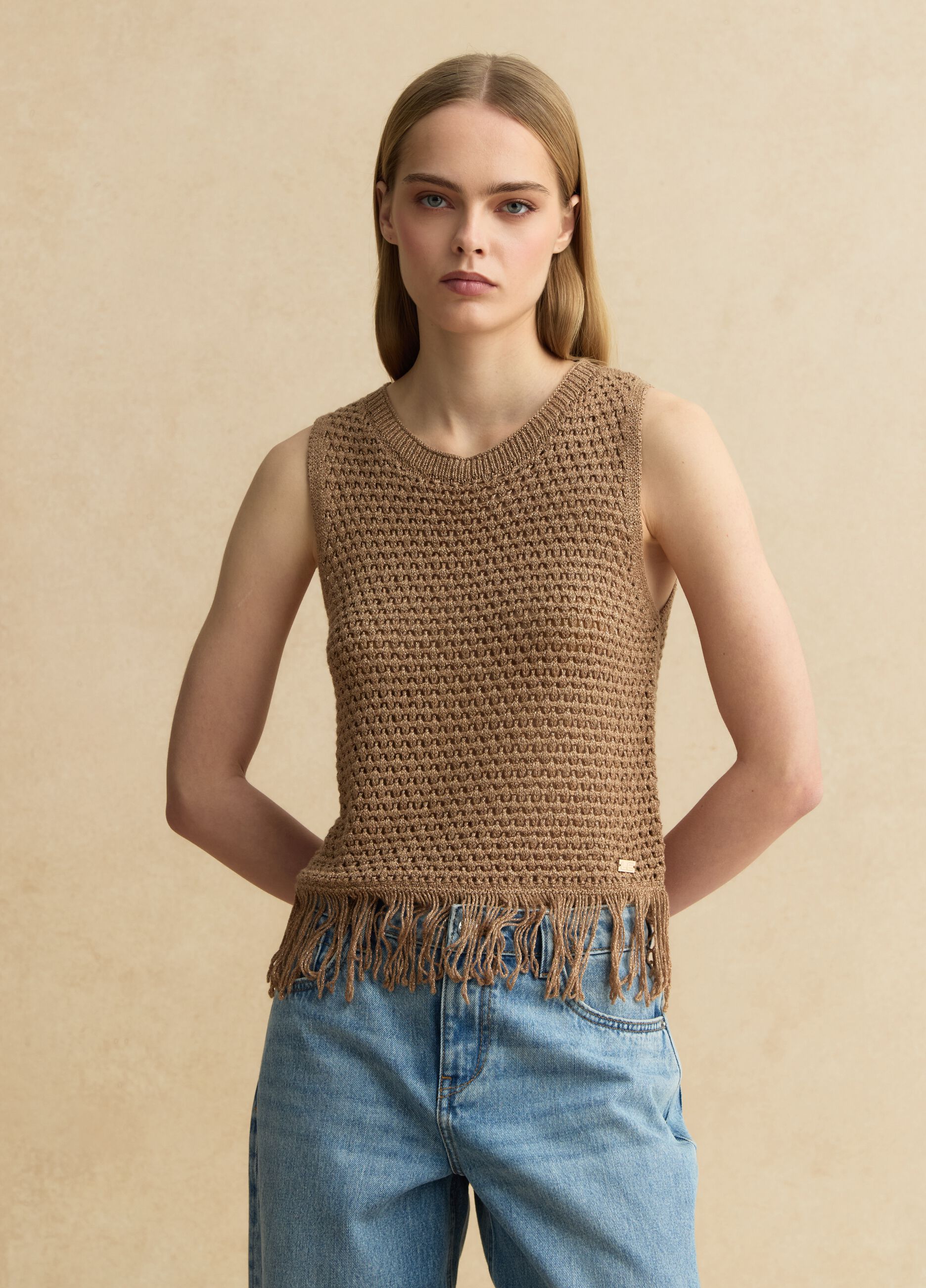 Brown viscose-blend mesh tank top with fringe