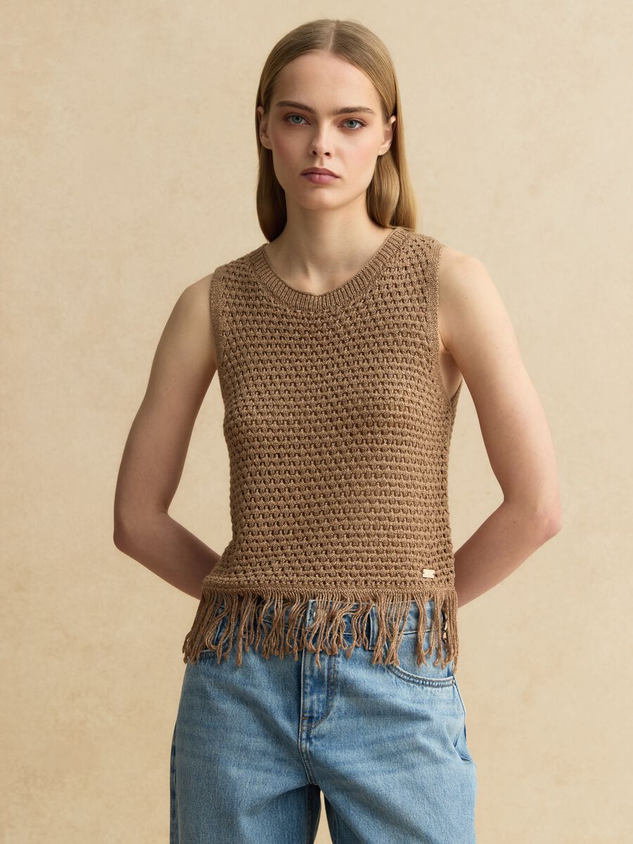 Brown viscose-blend mesh tank top with fringe_0