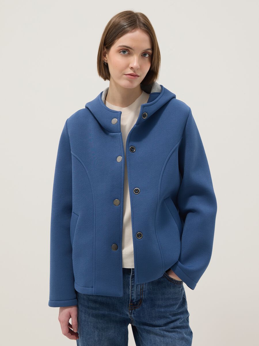 Giacca blu regular fit con cappuccio e bottoni_0