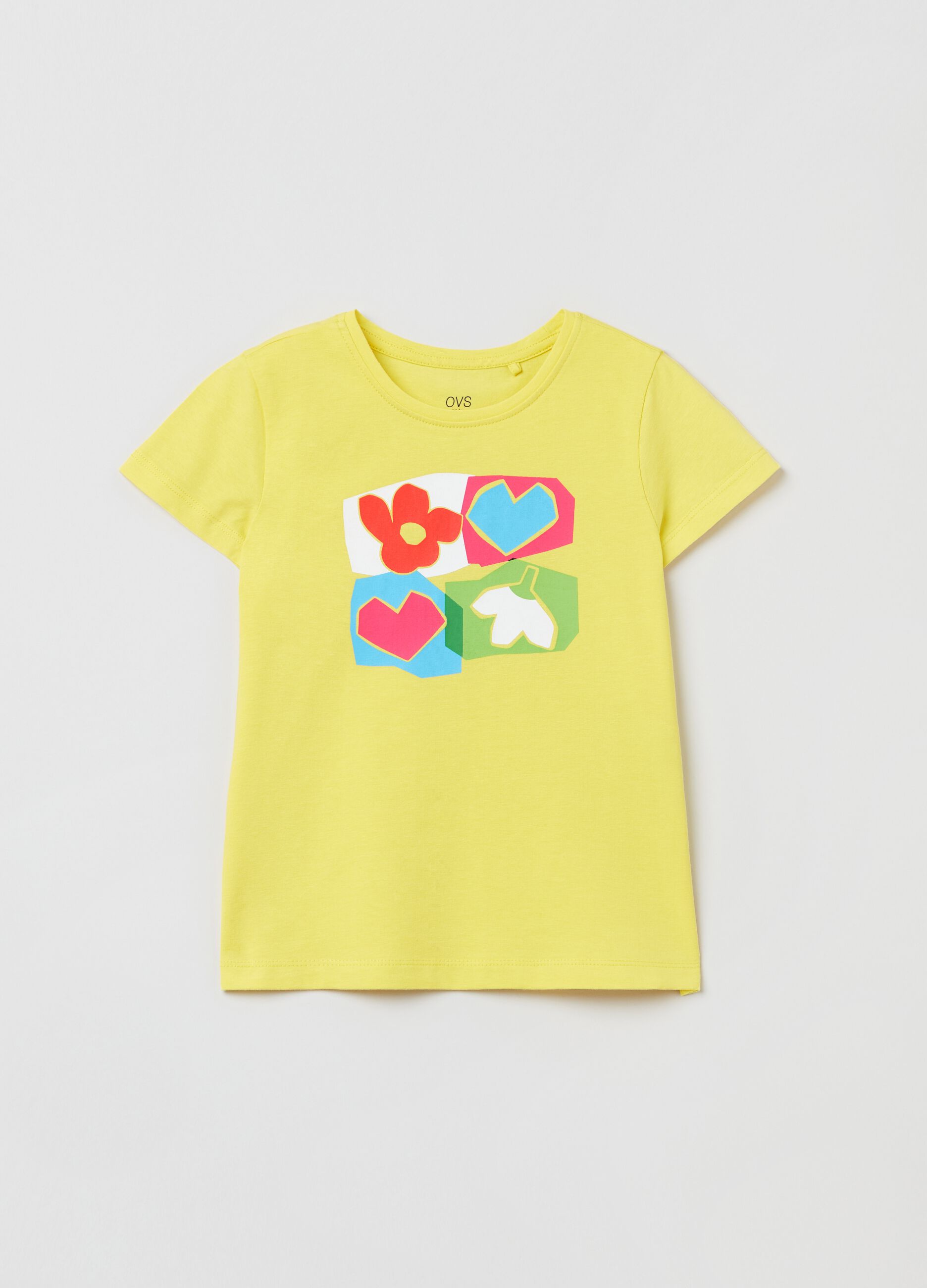 T-shirt in cotone stretch stampa cuori e fiori