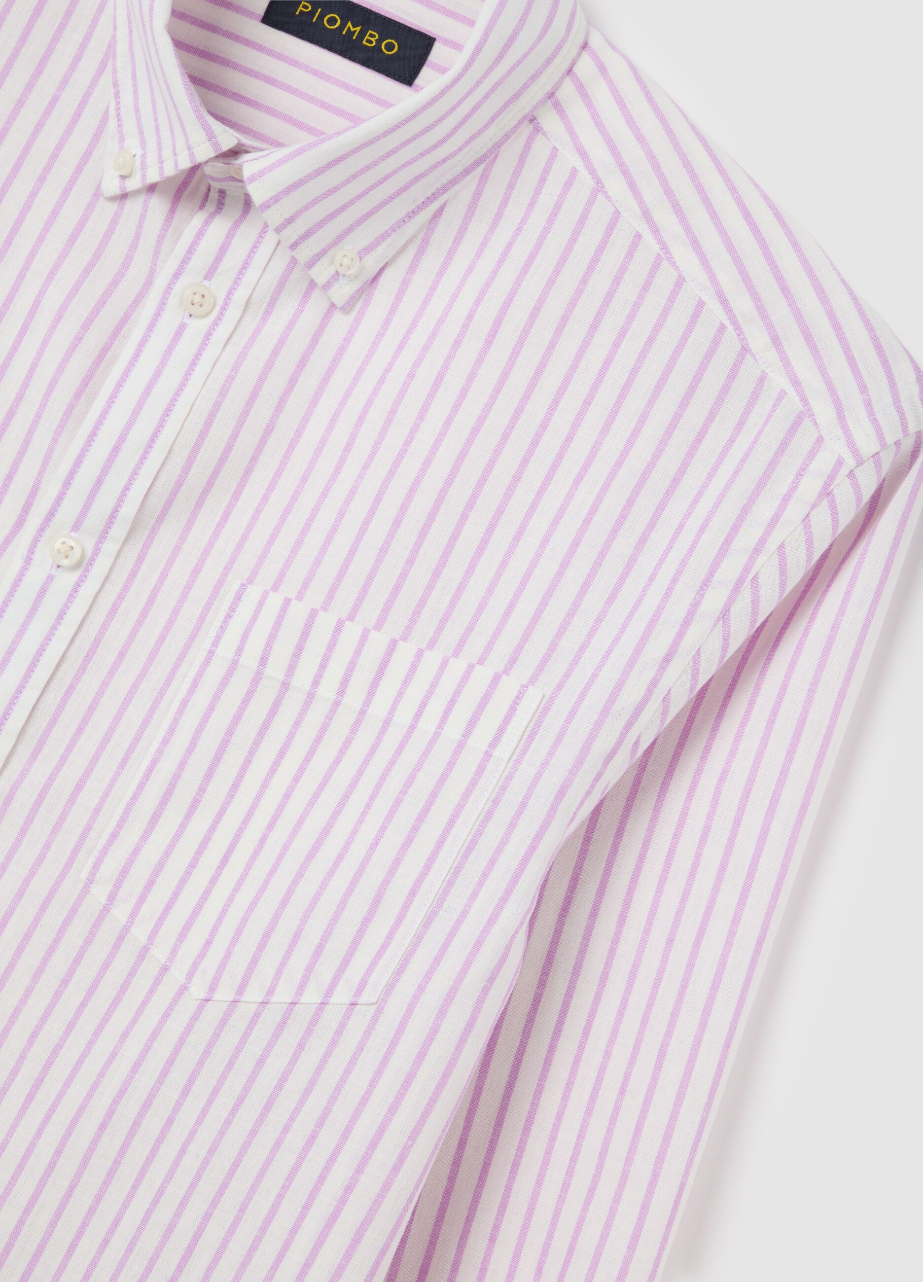 Men's pink and purple striped cotton and linen blend regular fit shirt