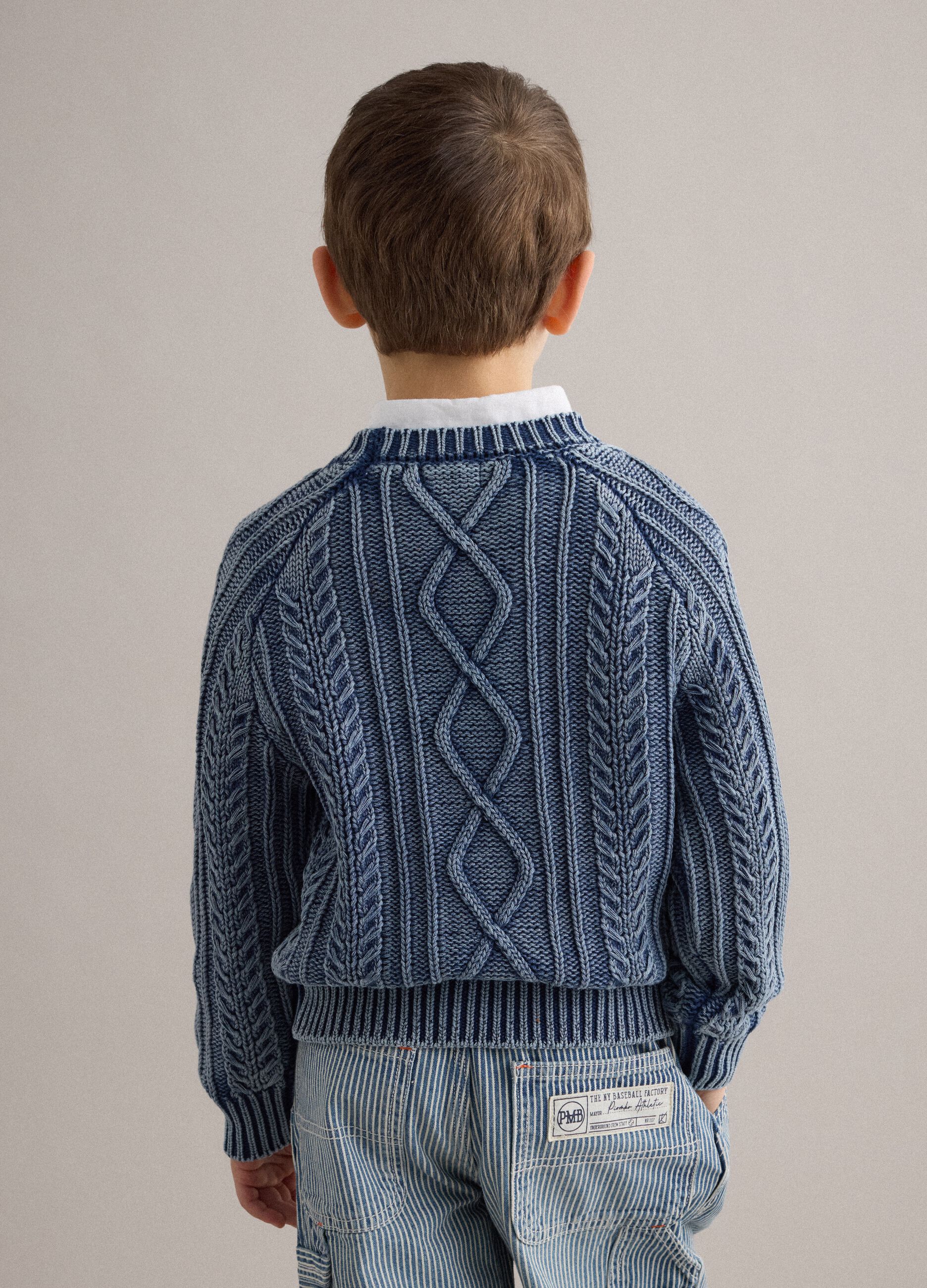 Children's blue pure cotton sweater, regular fit with knitted design