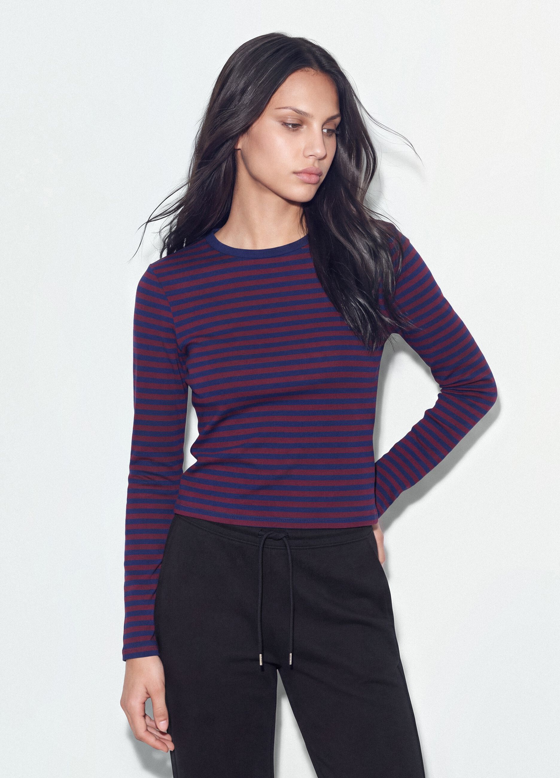 Purple striped pure cotton crew-neck T-shirt