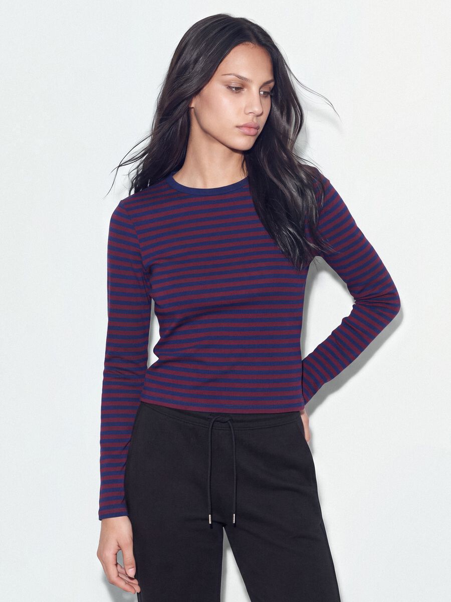Purple striped pure cotton crew-neck T-shirt_0