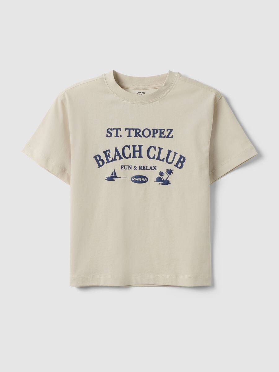Children's oversized fit beige pure cotton T-shirt with print_0