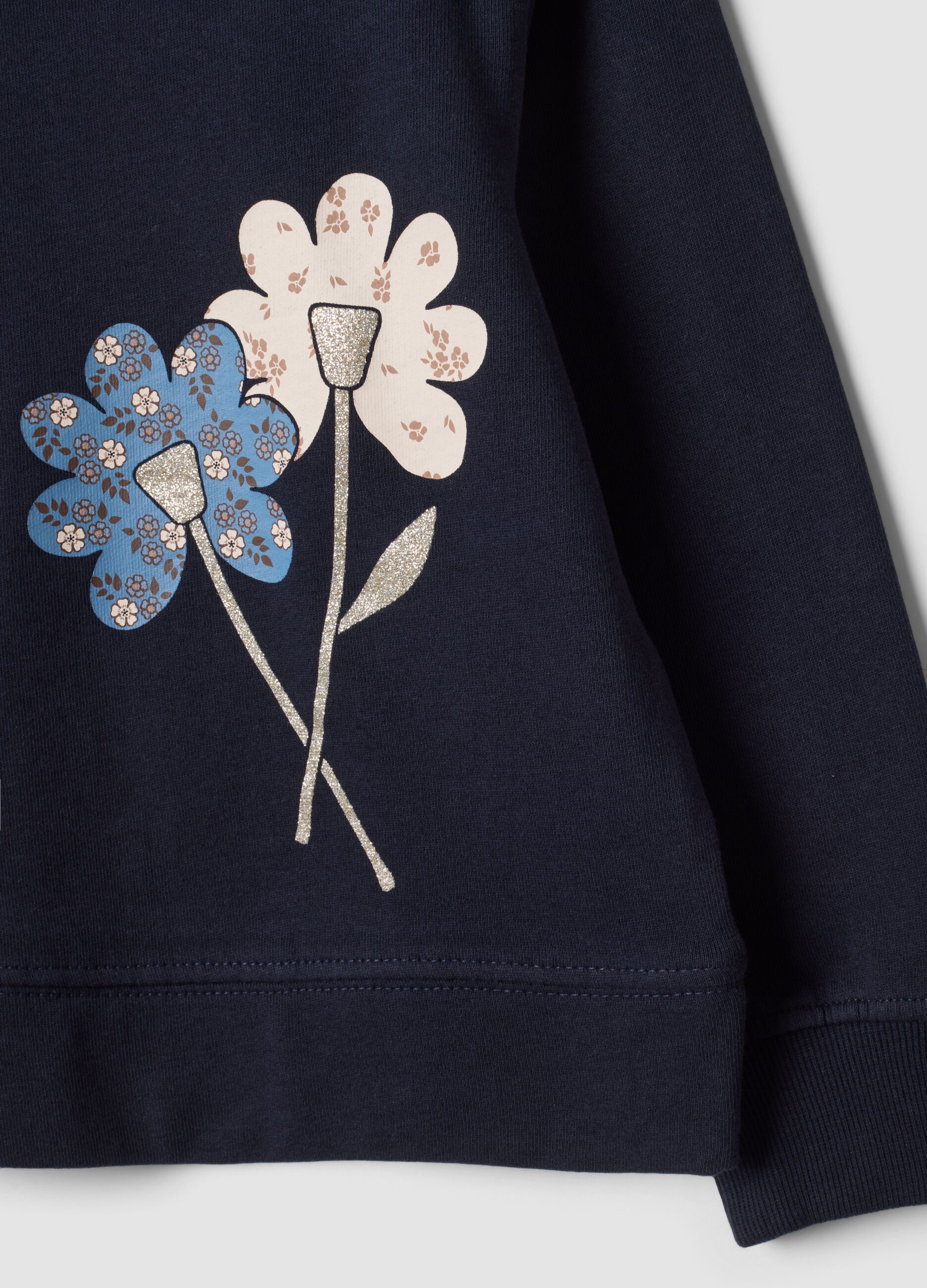 Blue pure cotton sweatshirt with crew neck and floral print