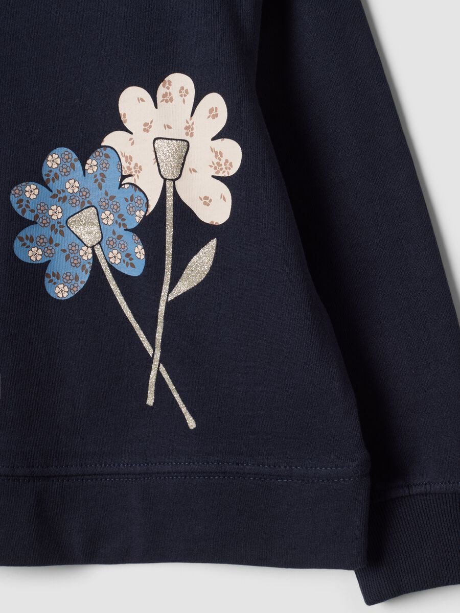 Blue pure cotton sweatshirt with crew neck and floral print_3