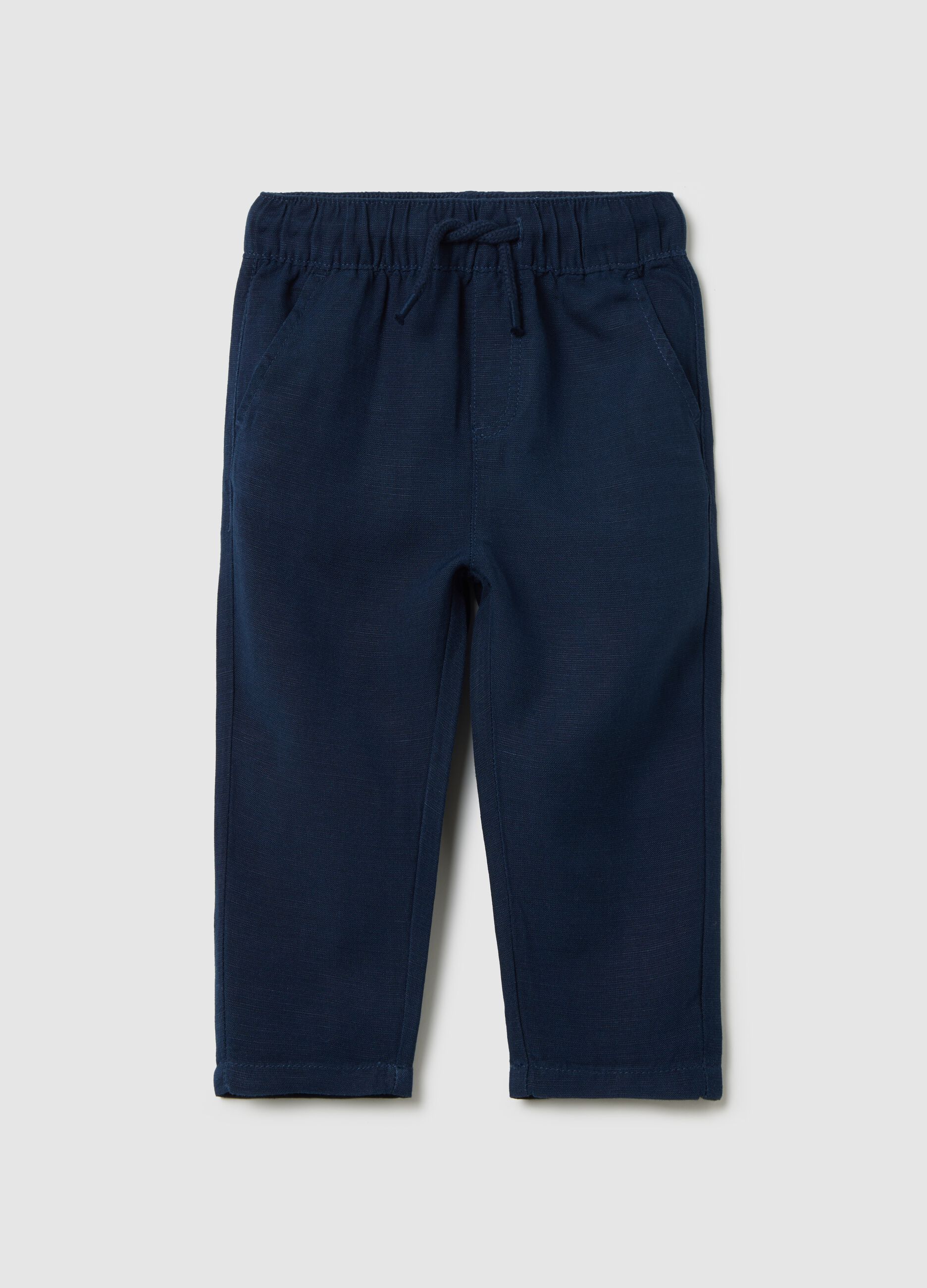 Blue trousers in linen and viscose with drawstring
