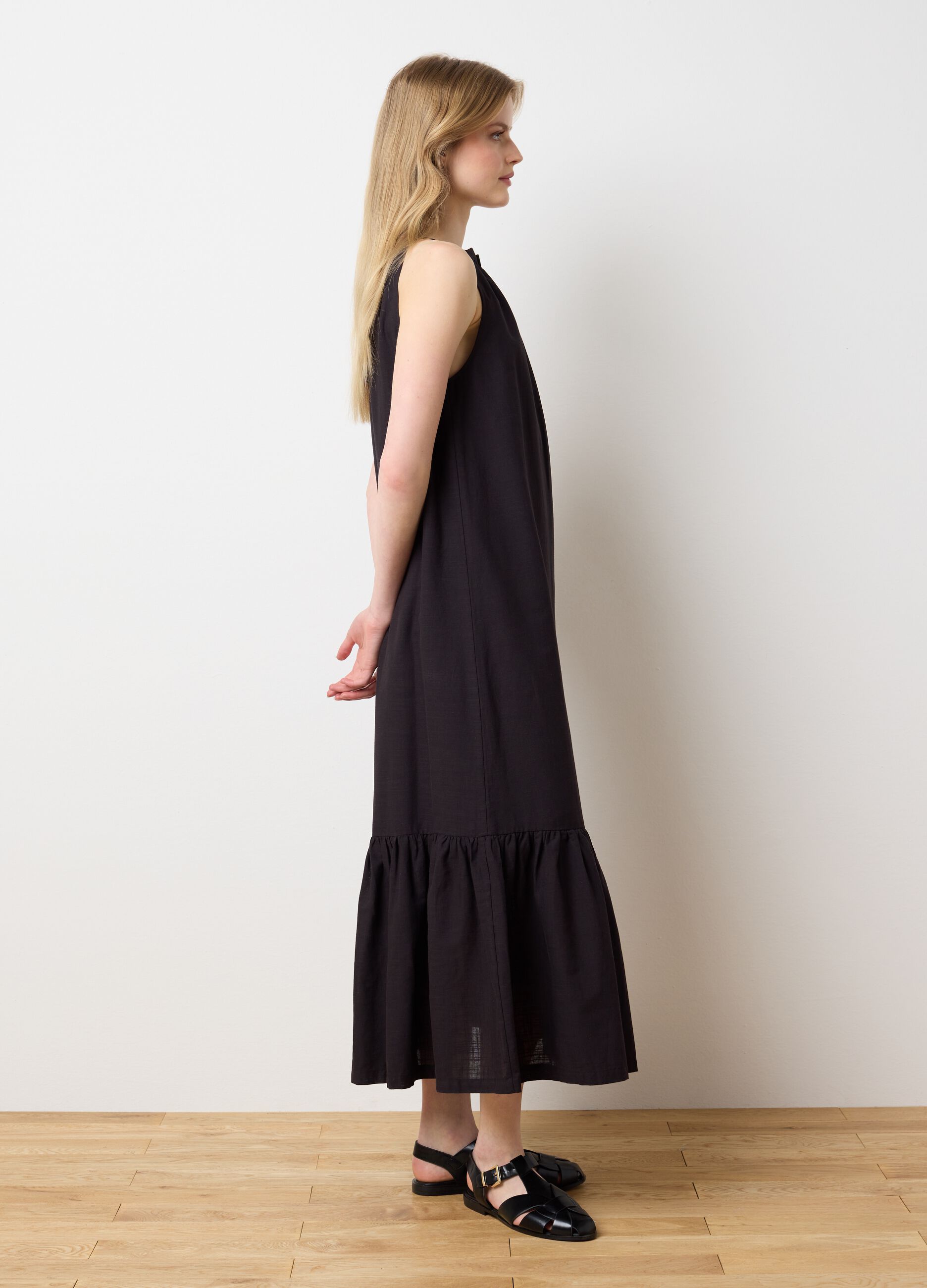 Women's long dress in pure black cotton, oversize