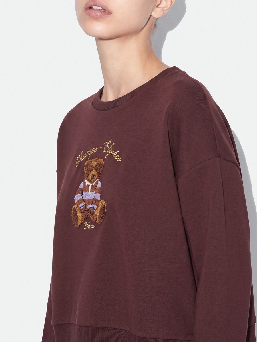 Felpa marrone in misto cotone con girocollo e stampa teddy_3