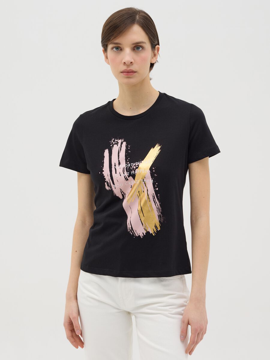Black cotton T-shirt with foil print_0