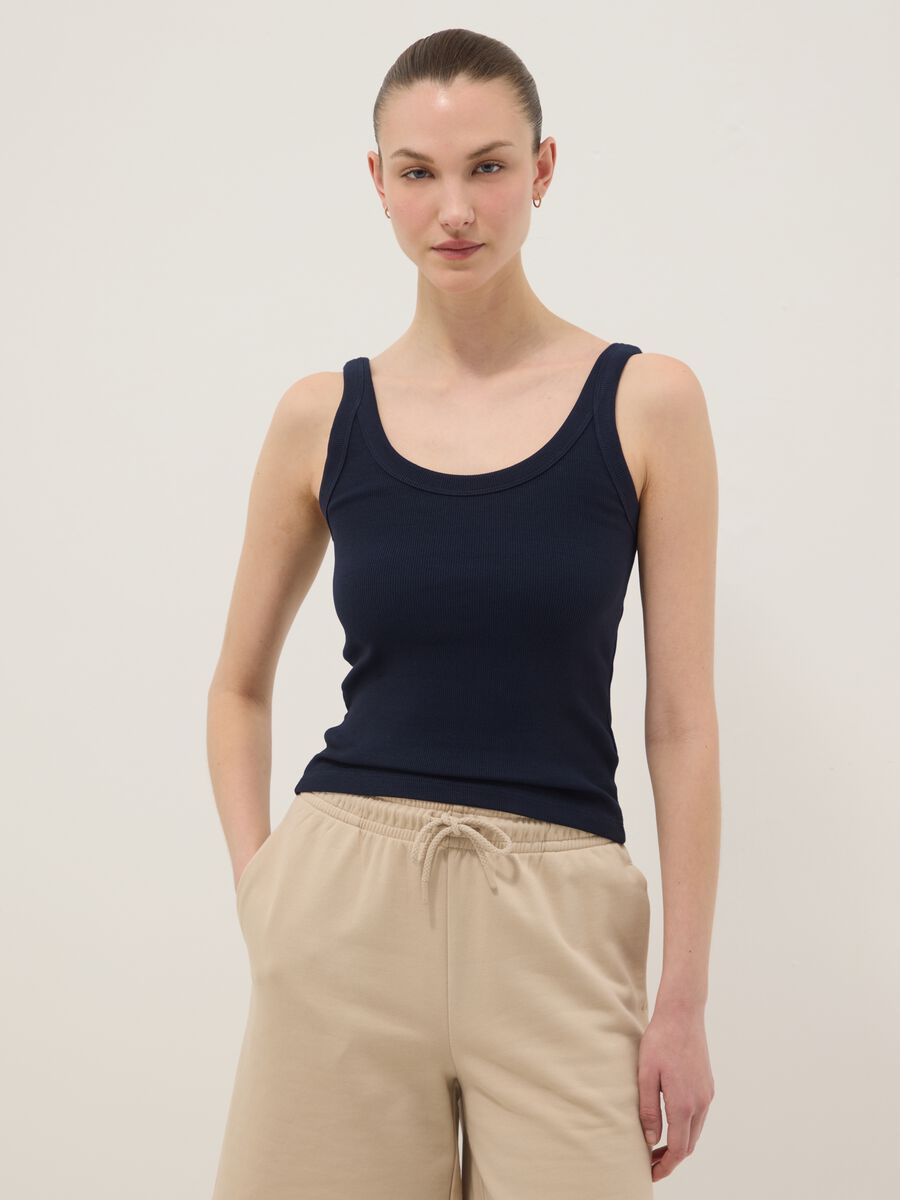 Blue fitted stretch-cotton vest top_1