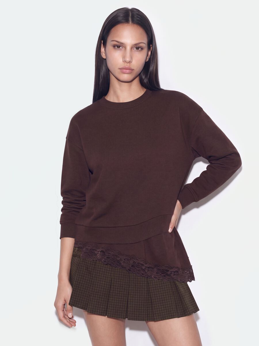 Brown cotton-blend crew-neck sweatshirt with lace detail_0