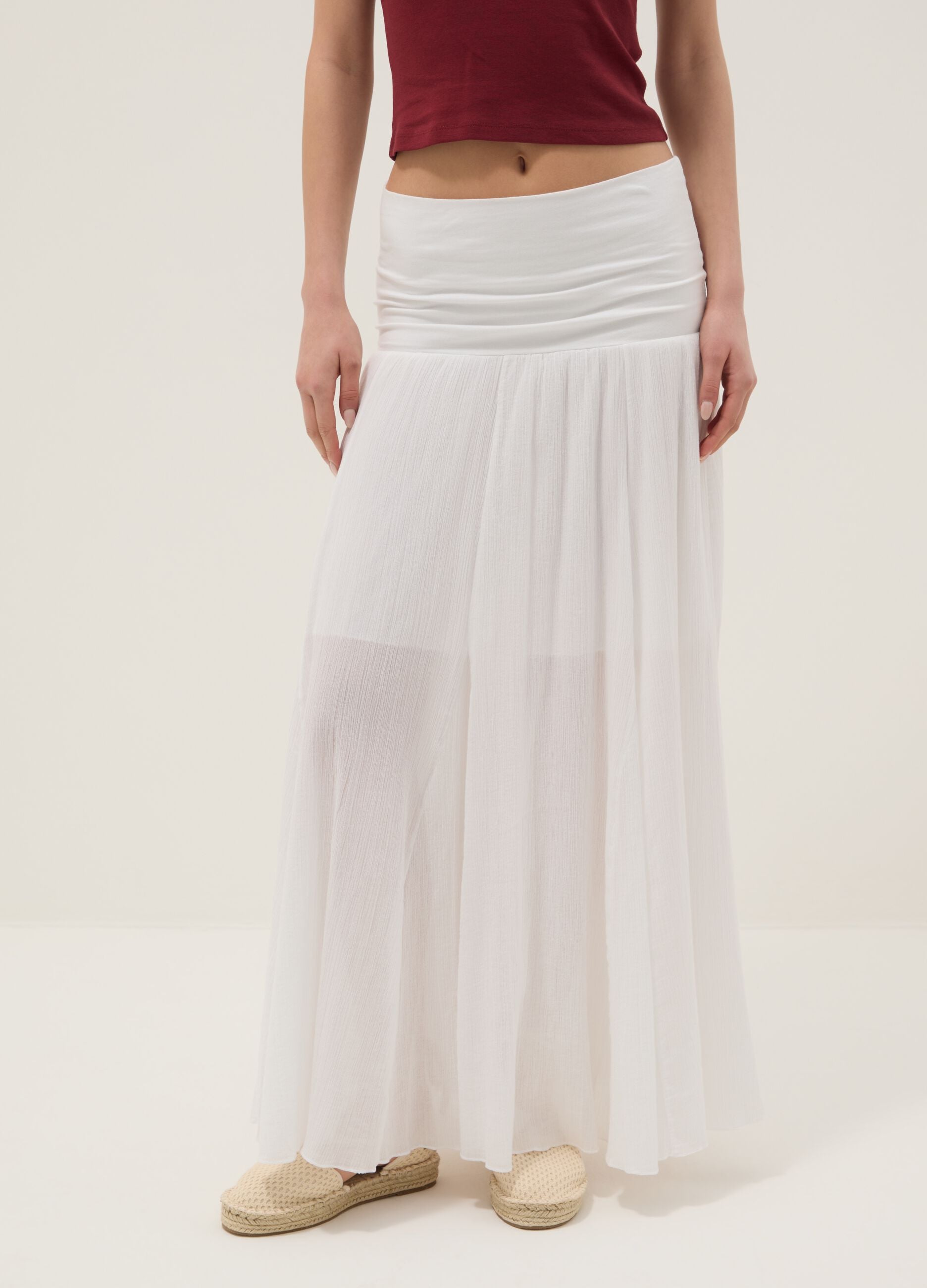 Long white pure cotton skirt with elasticated waist and sheer detailing