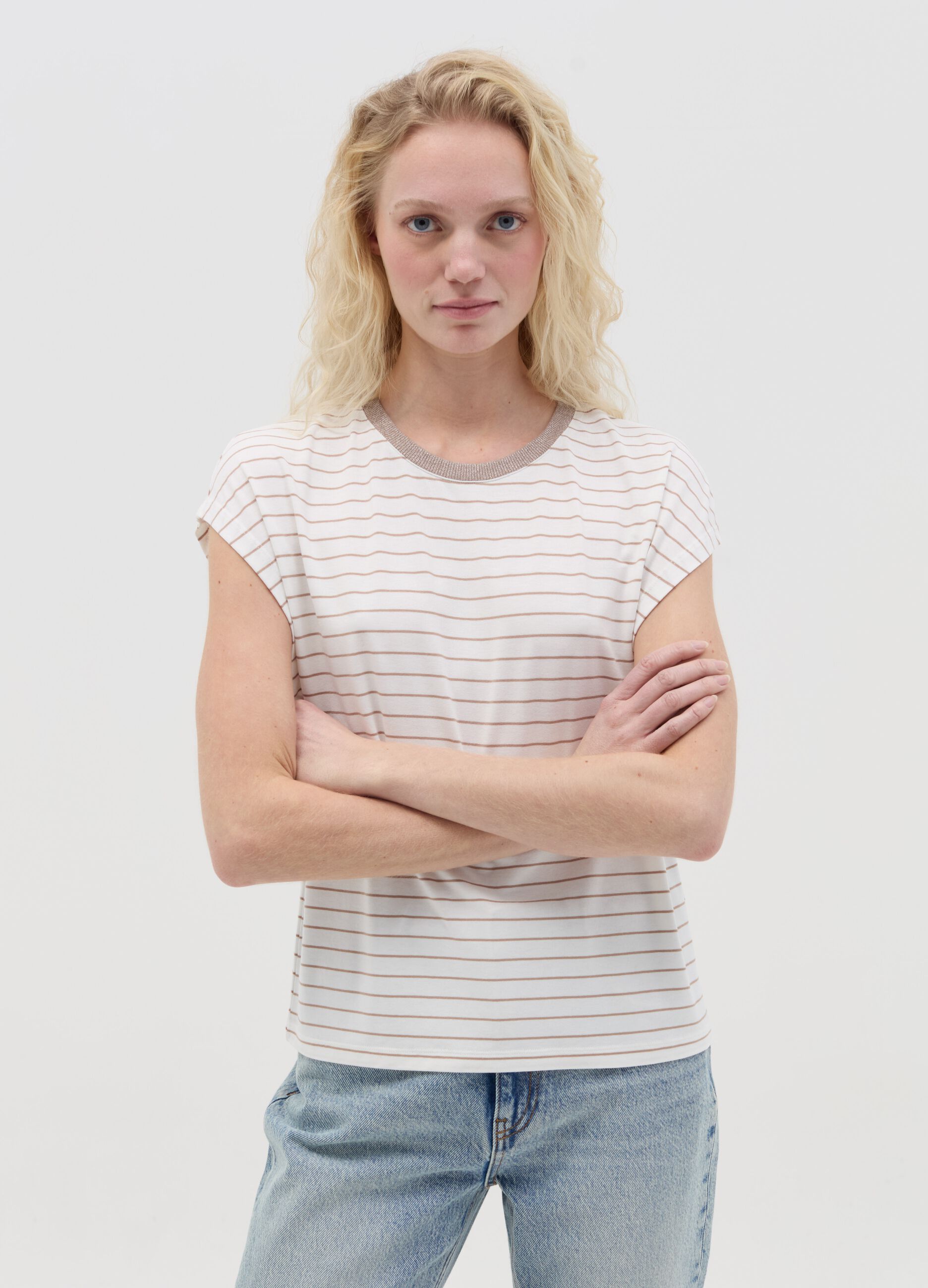 White and beige striped T-shirt with short sleeves