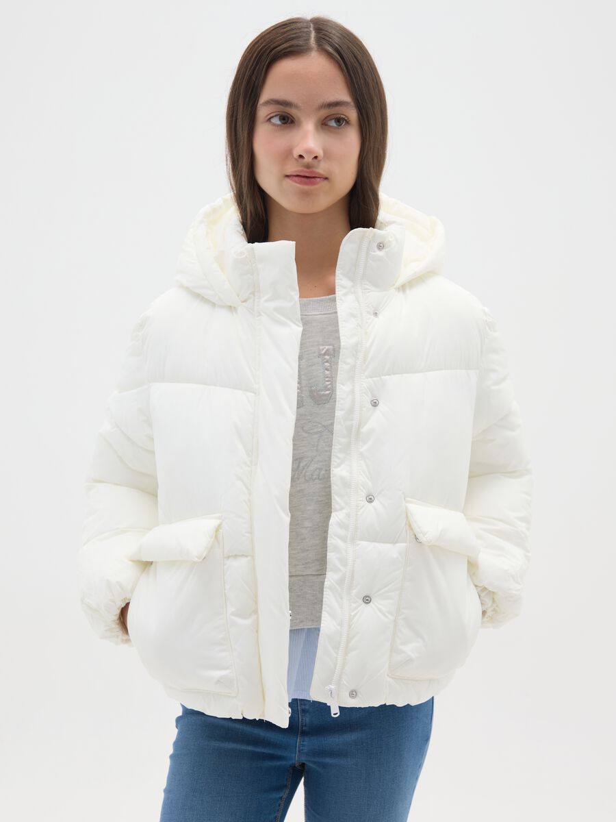 White Iconic Puffer Girls' Jacket with Hood_0