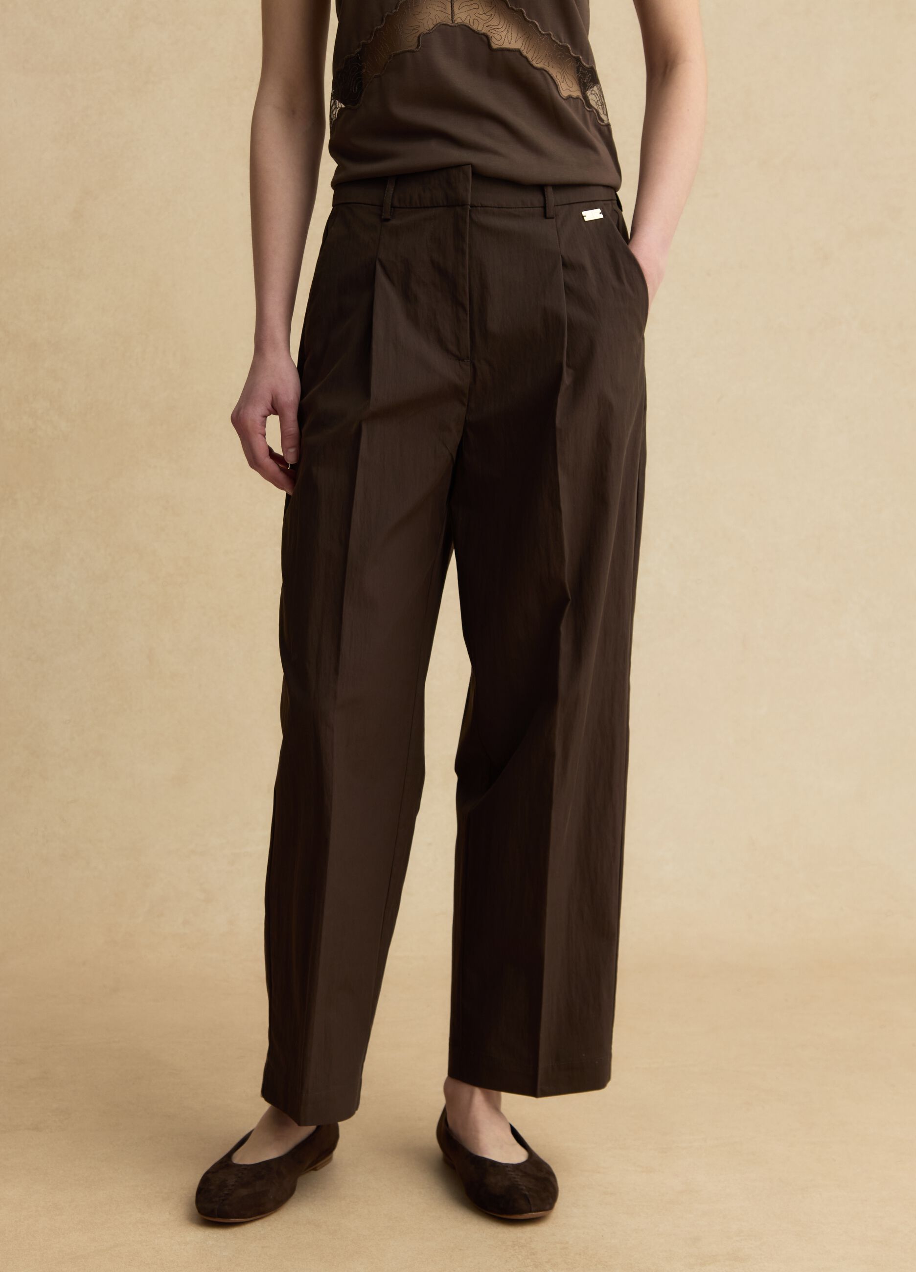 Brown cotton blend straight fit trousers