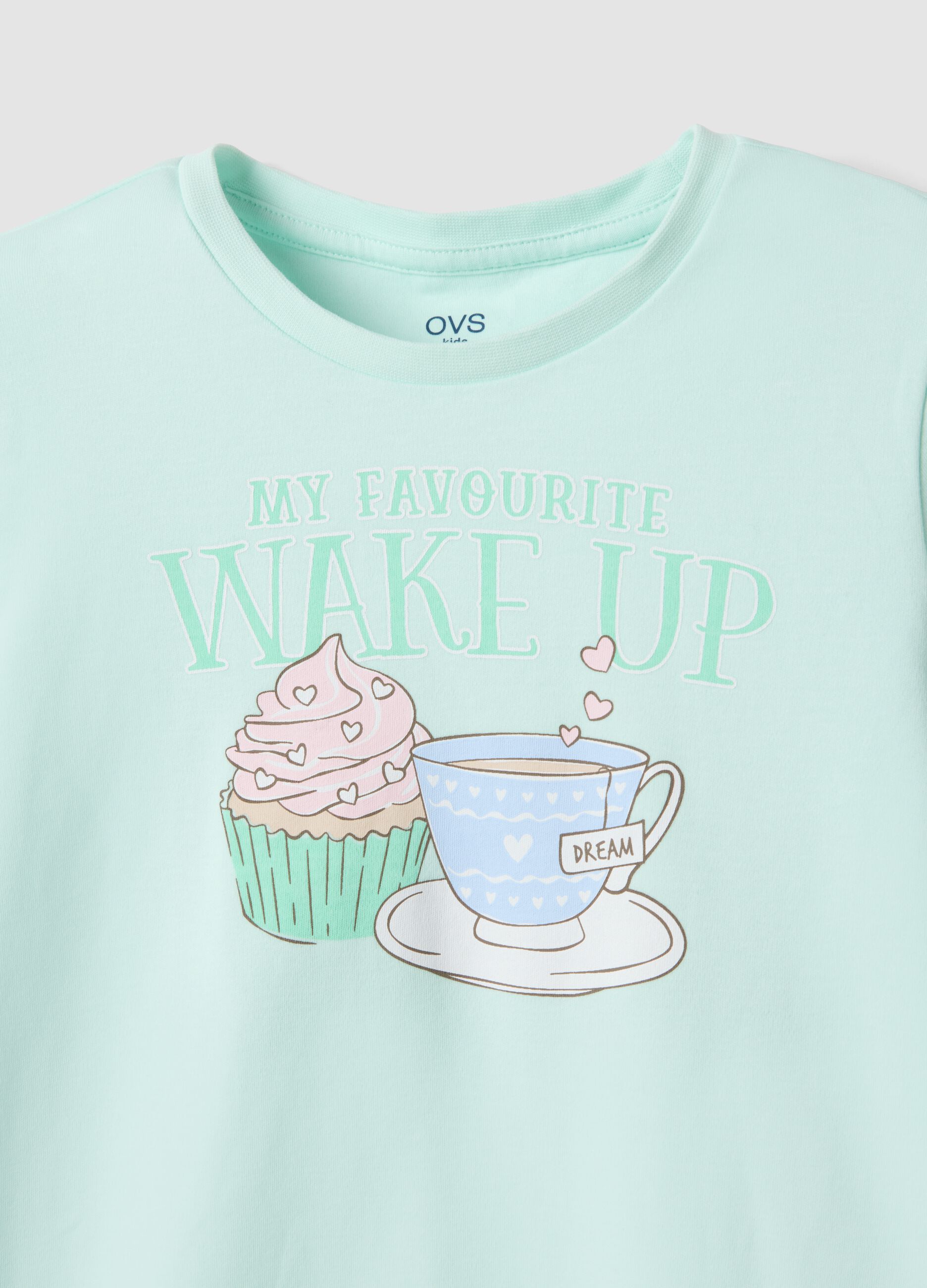 Green organic cotton pyjamas with crew neck and print for girls