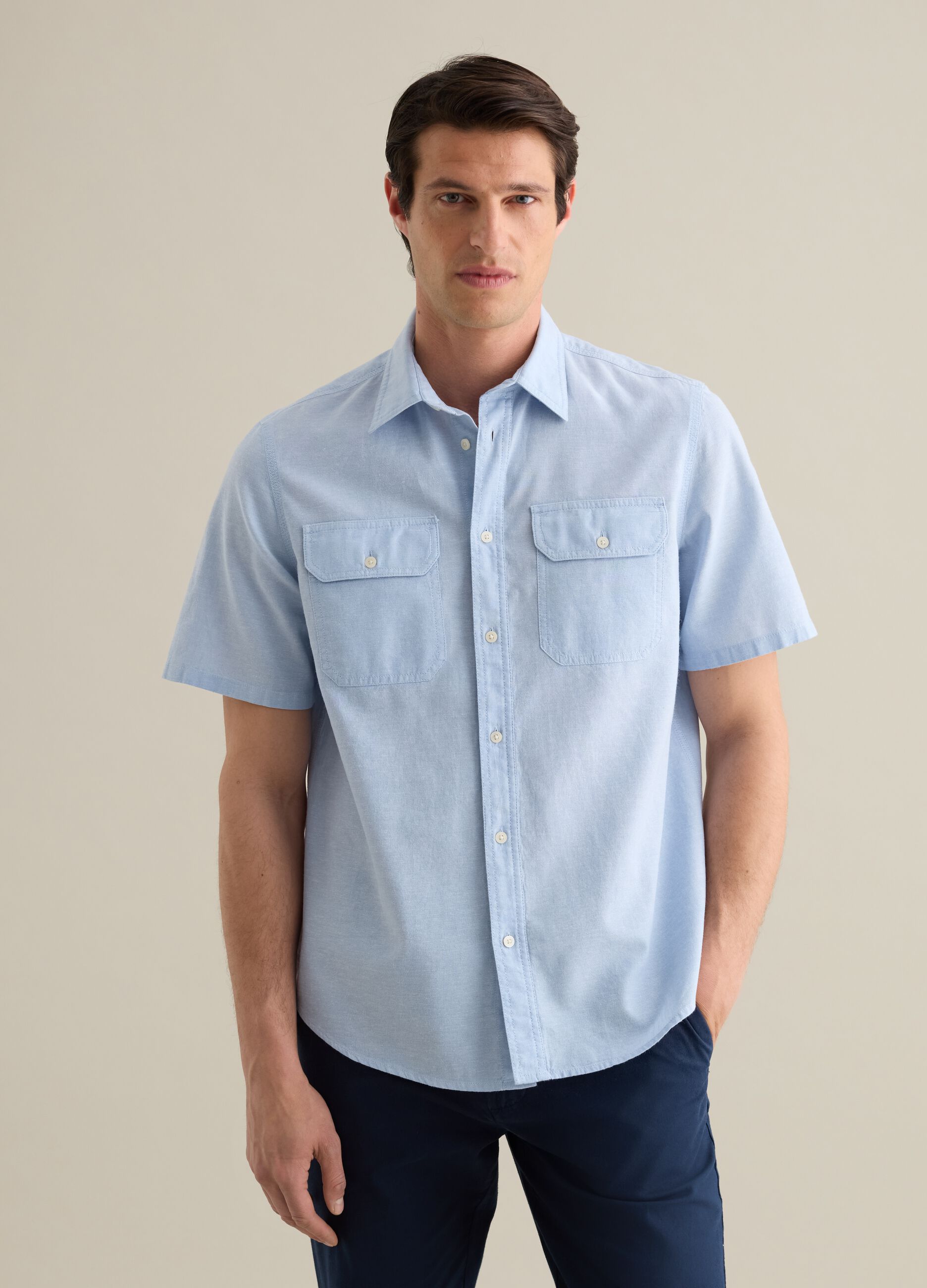 Short-Sleeved Blue Shirt in Cotton and Linen