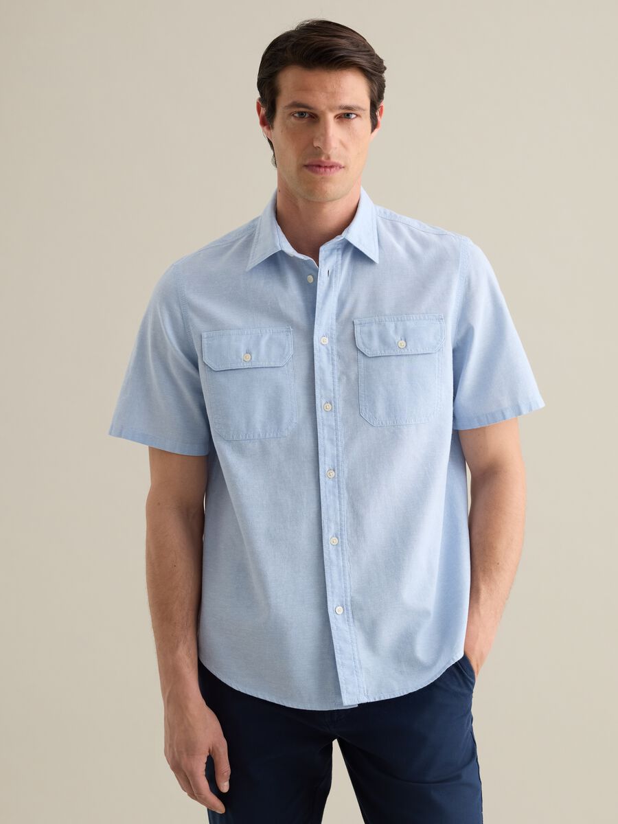 Short-Sleeved Blue Shirt in Cotton and Linen_0