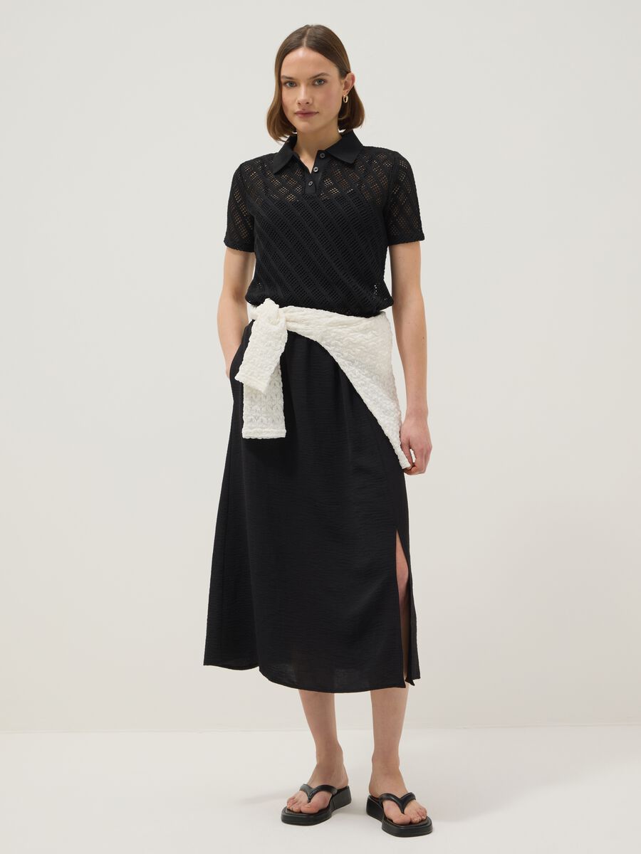 Black long skirt with regular fit, elasticated waist and slit_0