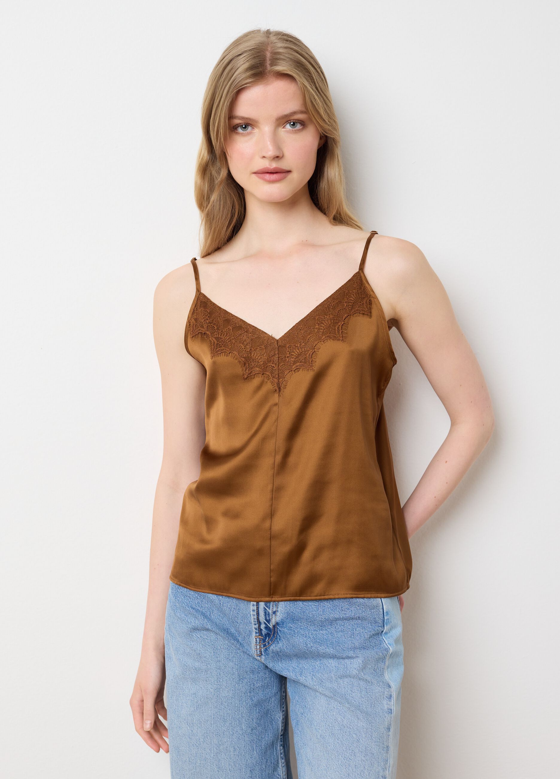 Brown satin blend women's slim fit top with lace