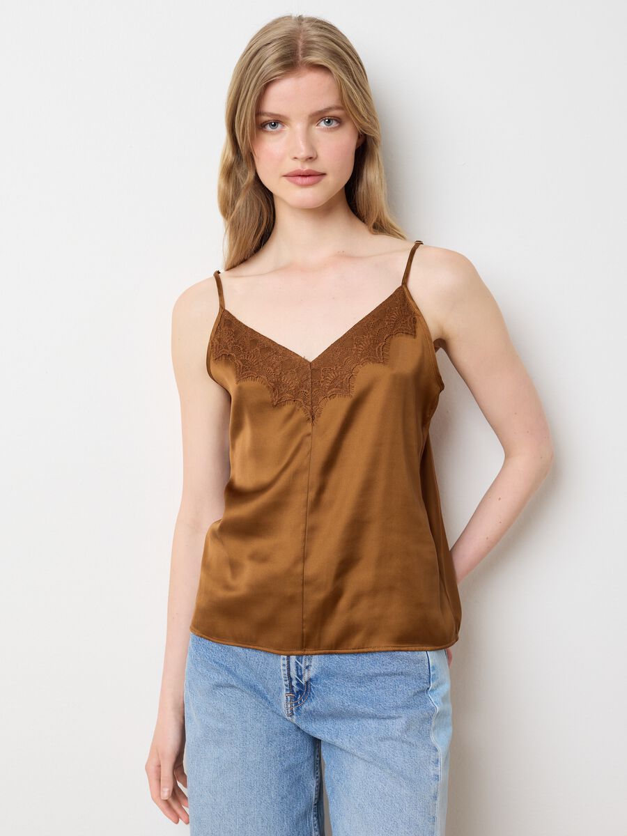 Brown satin blend women's slim fit top with lace_1