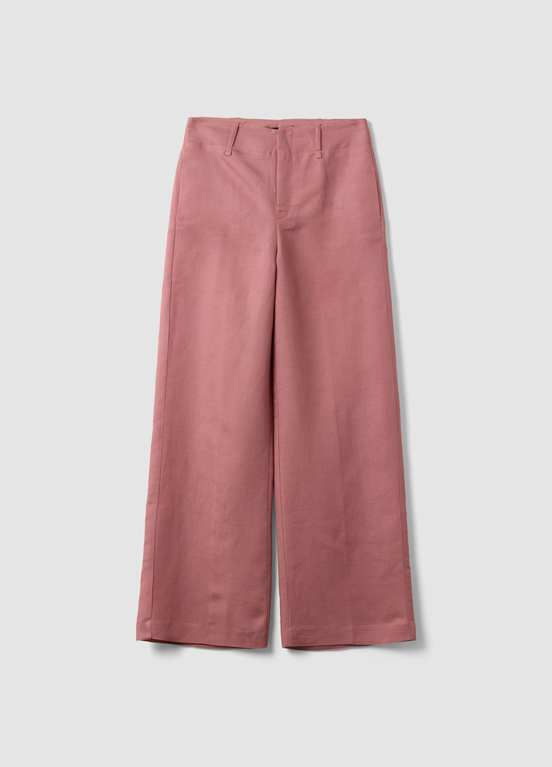 Pink linen-viscose blend wide-leg trousers with structured waistband