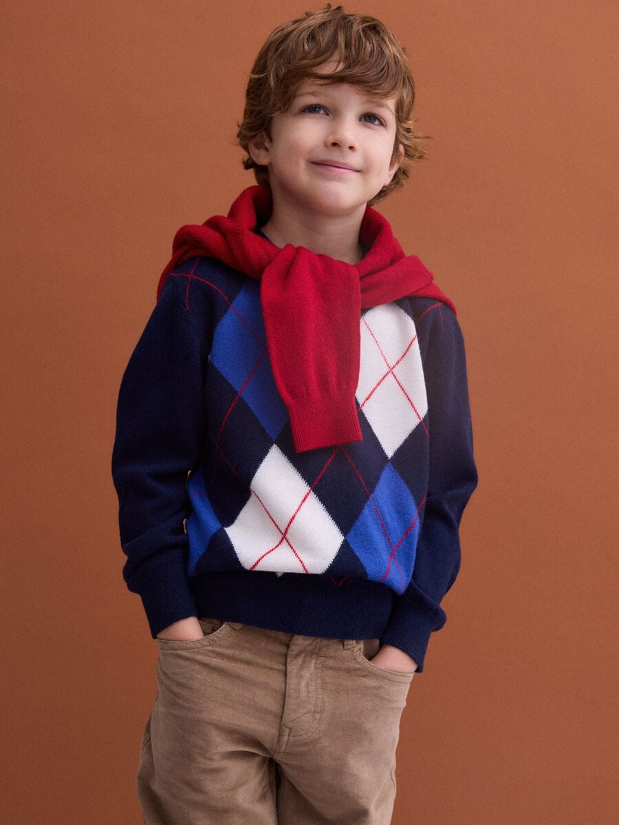 Blue pure wool jumper with jacquard crew neck_0