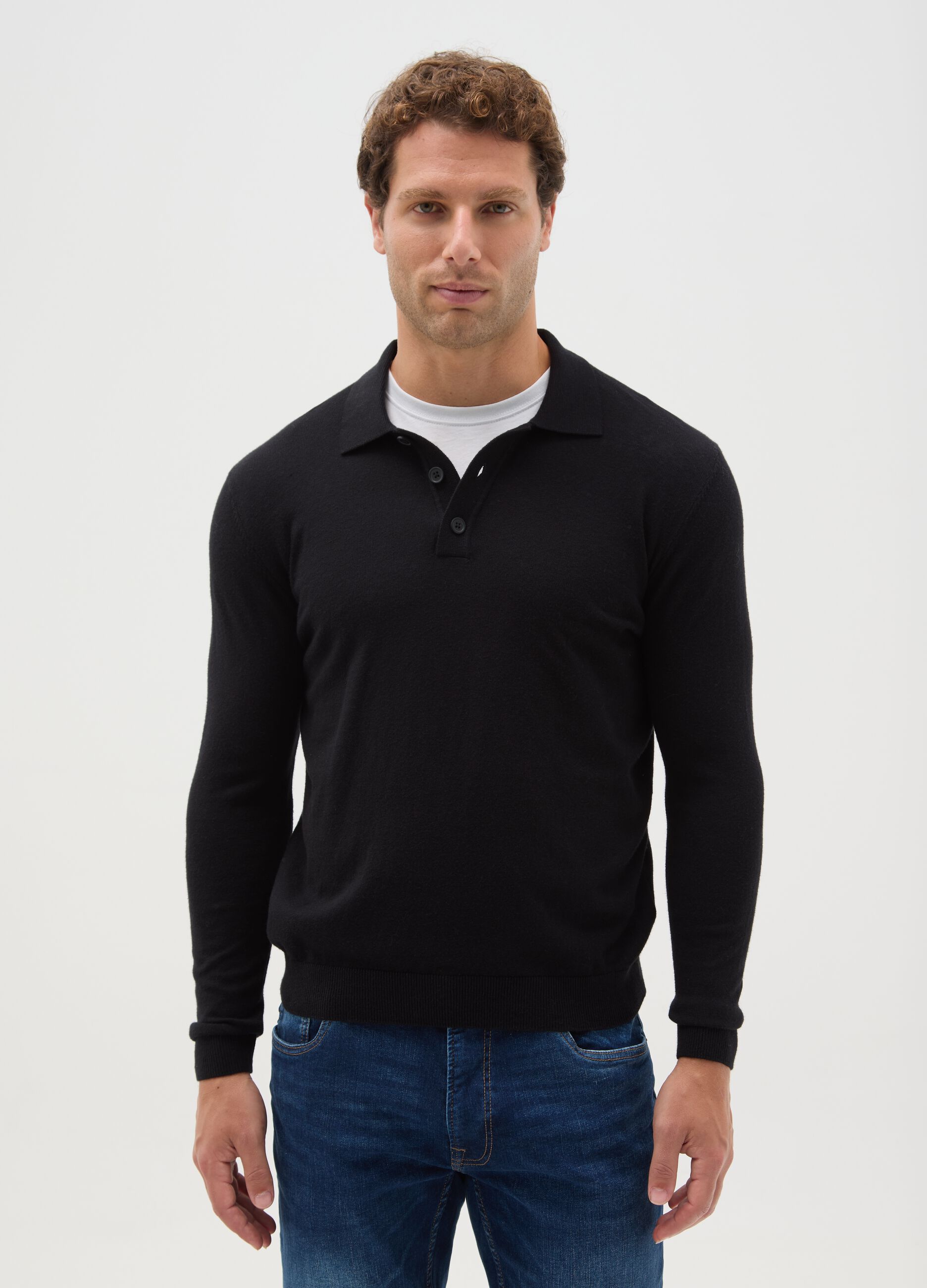 Black long-sleeve polo in cotton and silk blend regular fit