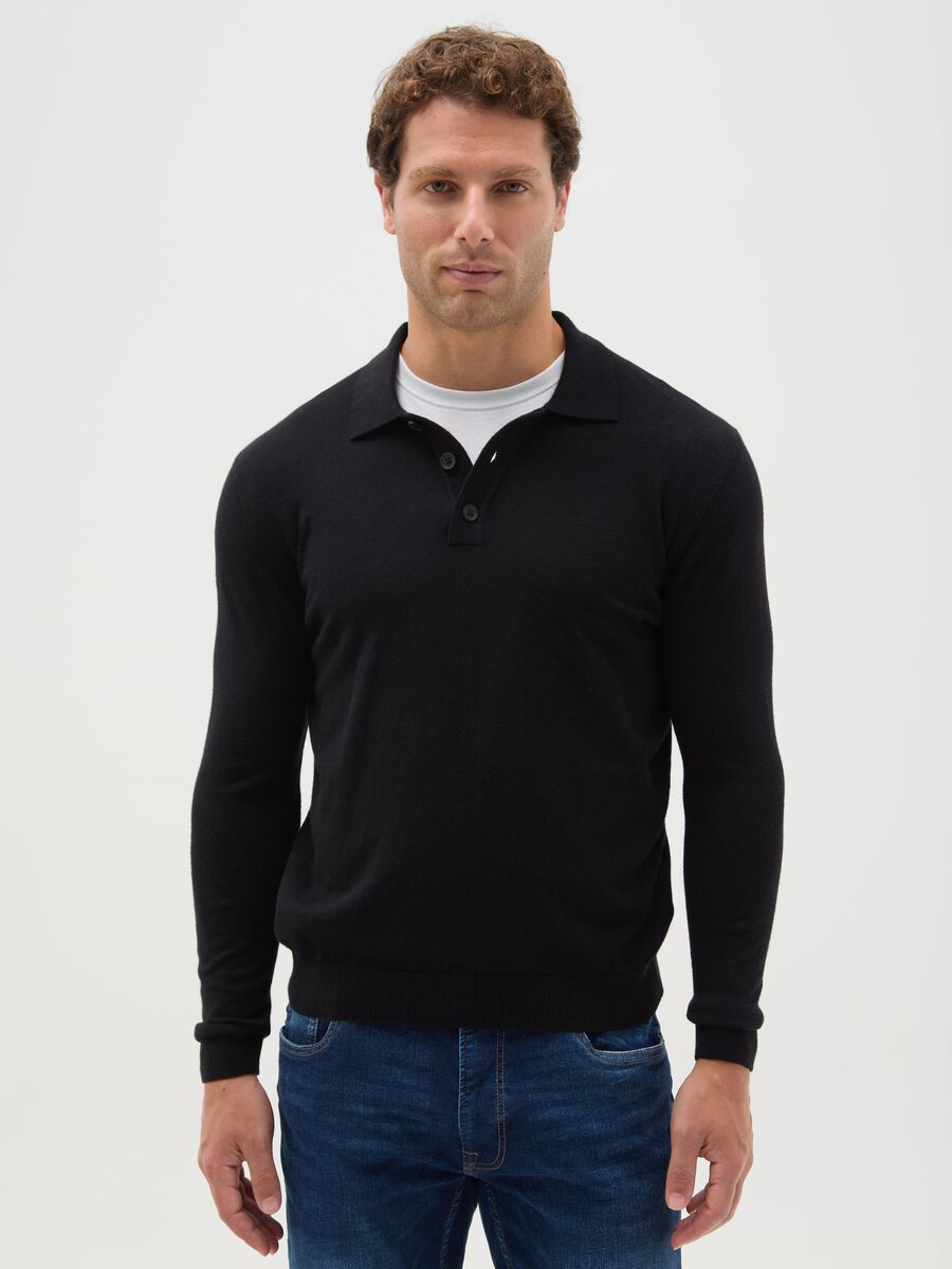Black long-sleeve polo in cotton and silk blend regular fit_0