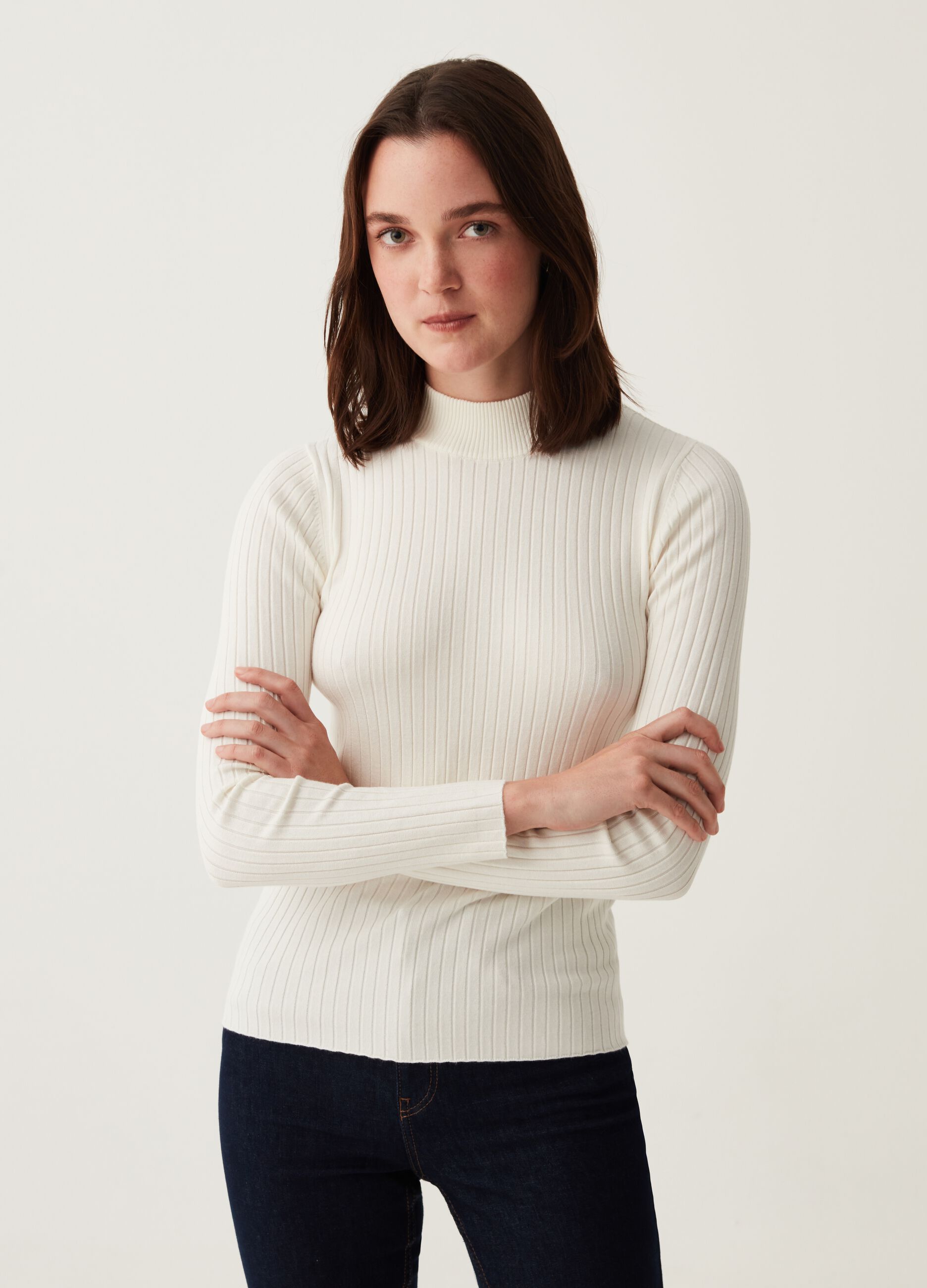 Pullover mock neck a coste piatte_0