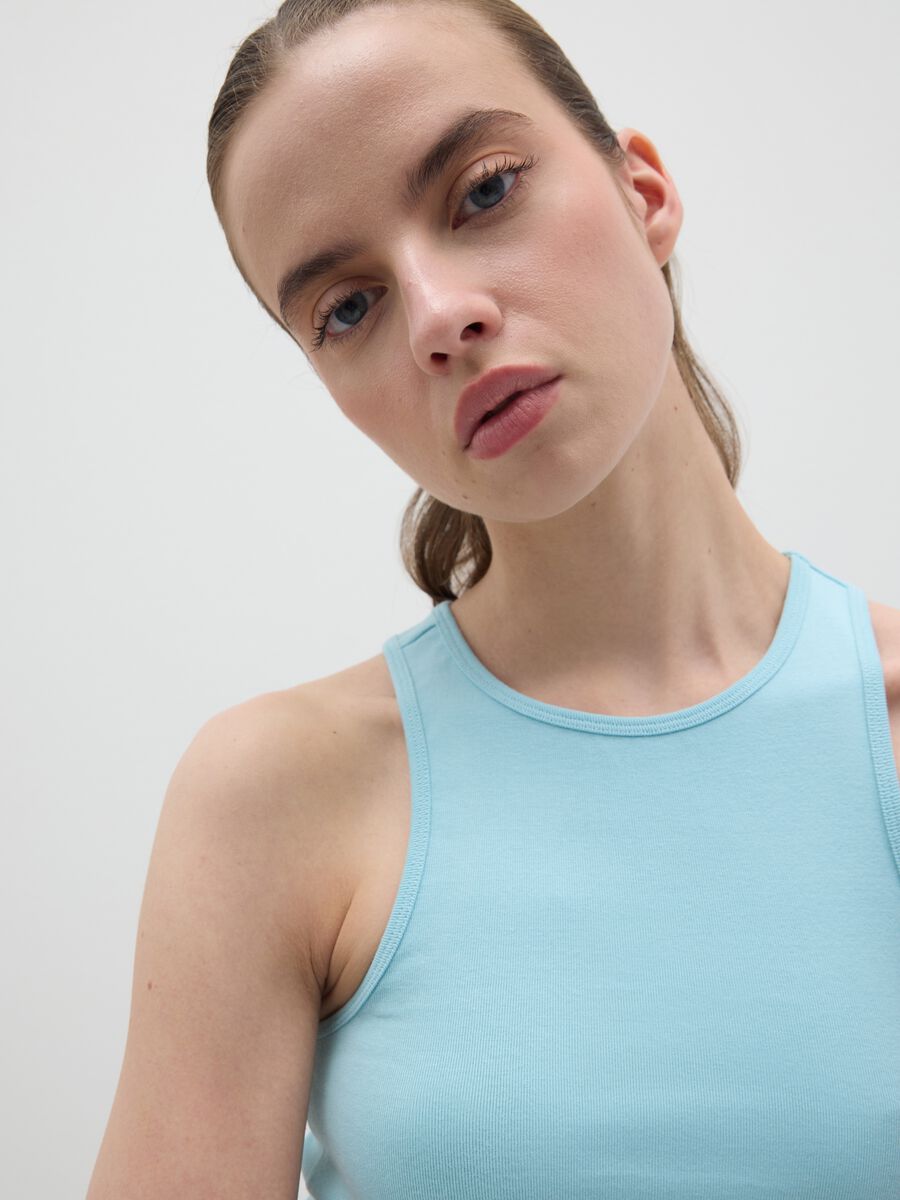 Sleeveless blue stretch cotton top_2