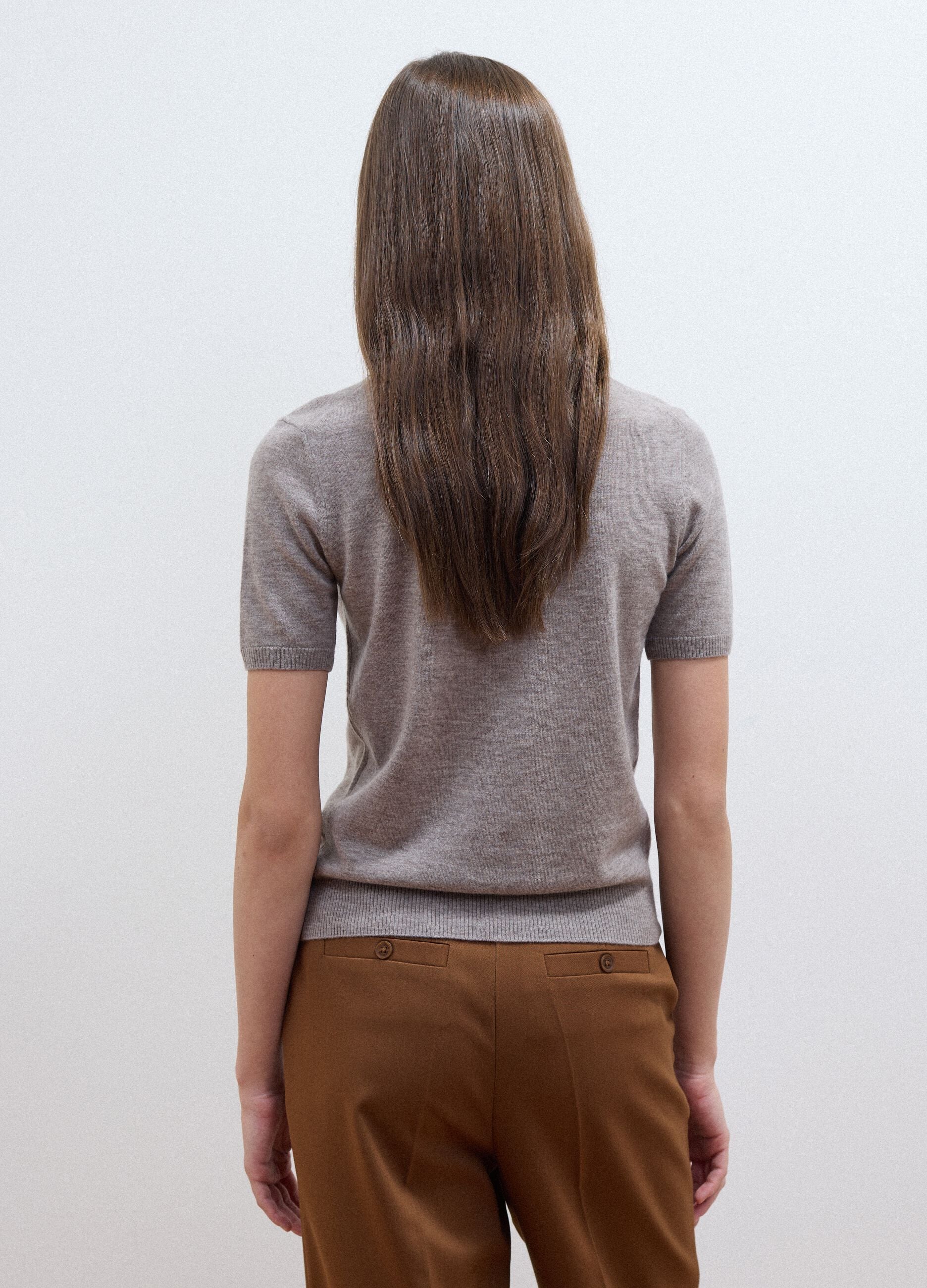 Taupe-grey pure wool polo-collar jumper, regular fit