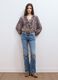 Purple patterned blouse with ruffles and tie neck_1