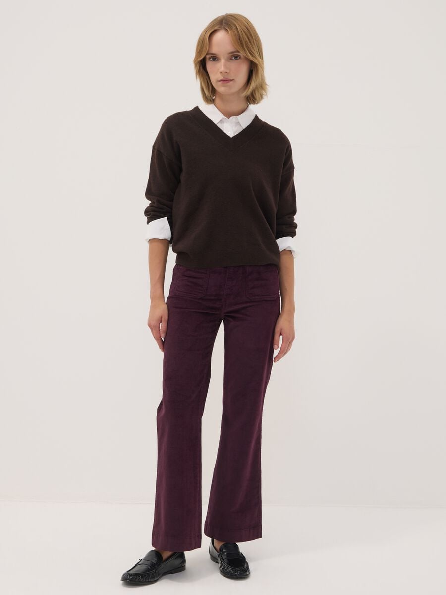 Purple ribbed stretch cotton-modal flare trousers_0