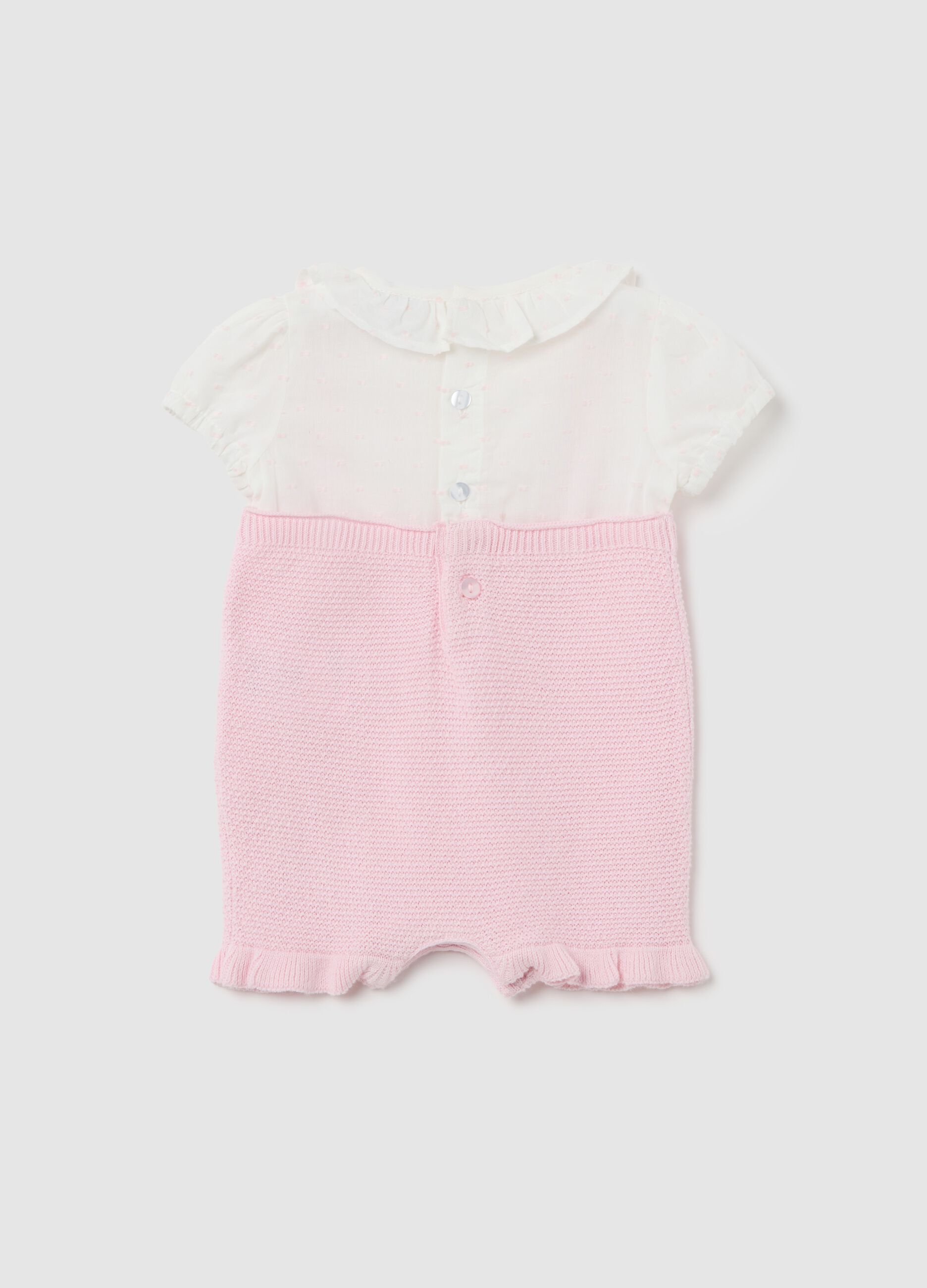 Pagliaccetto da neonata in misto cotone multicolor con rouches e chiusura a bottoni