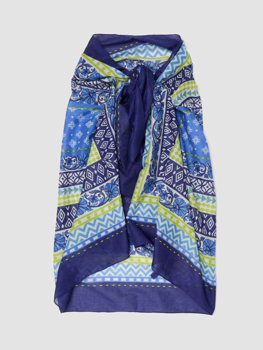 Sarong blu in puro cotone con stampa_0