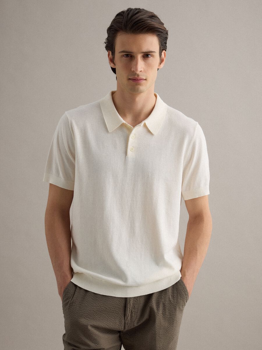 Regular fit white polo in cotton, linen, and silk blend_1