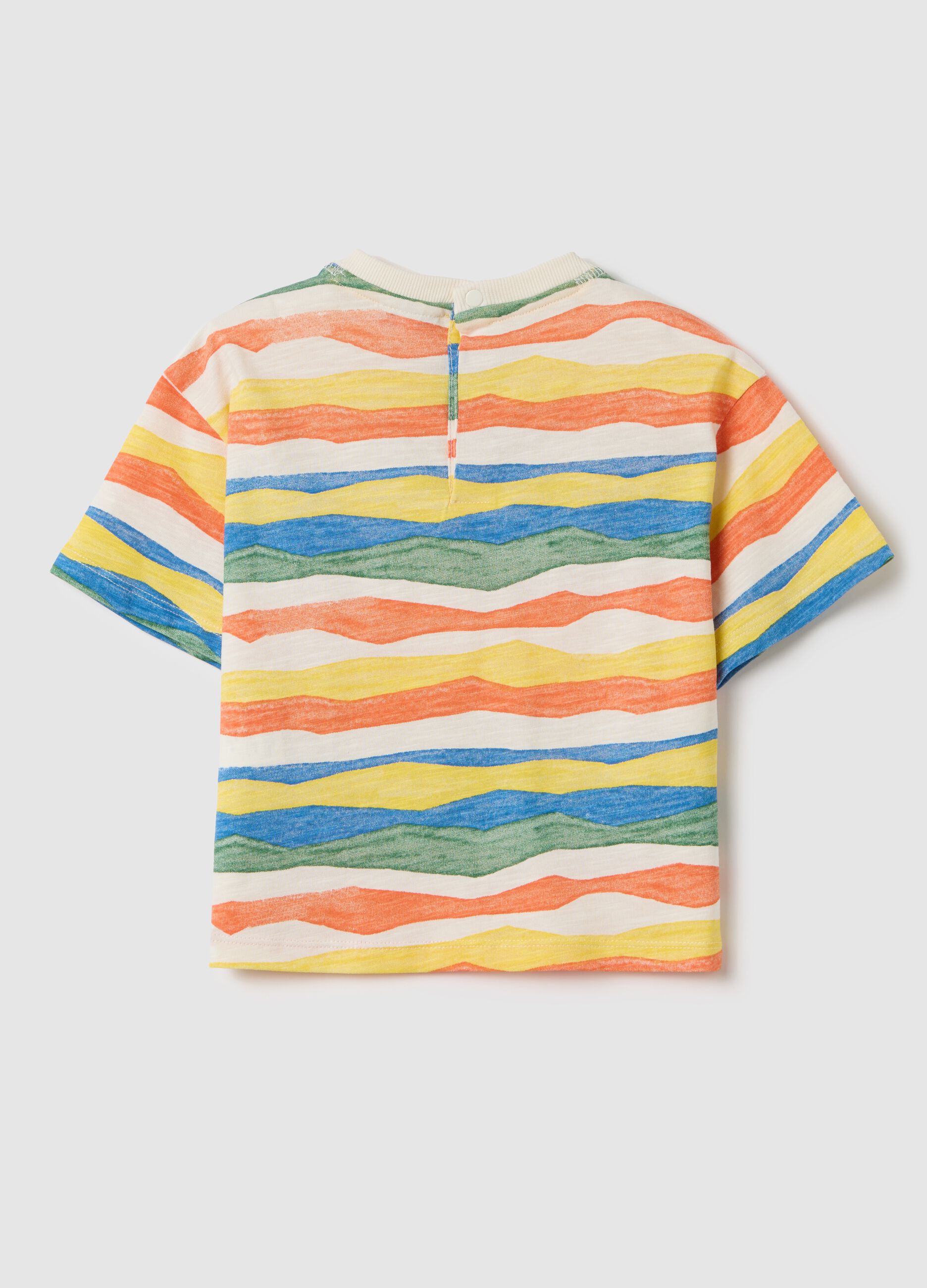 T-shirt blu e gialla in cotone a righe con tasca