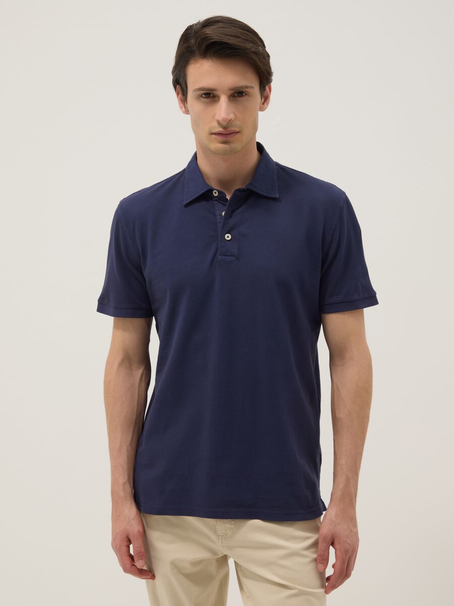 Blue pure cotton slim-fit short-sleeved polo shirt_0