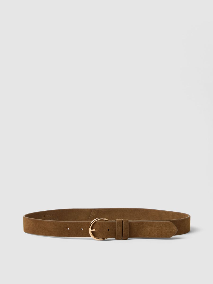 Brown genuine leather belt with golden buckle_0