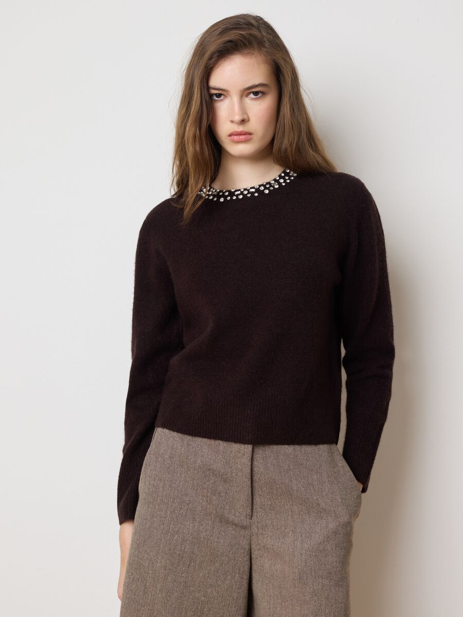 Brown regular fit sweater with jewel neckline_1